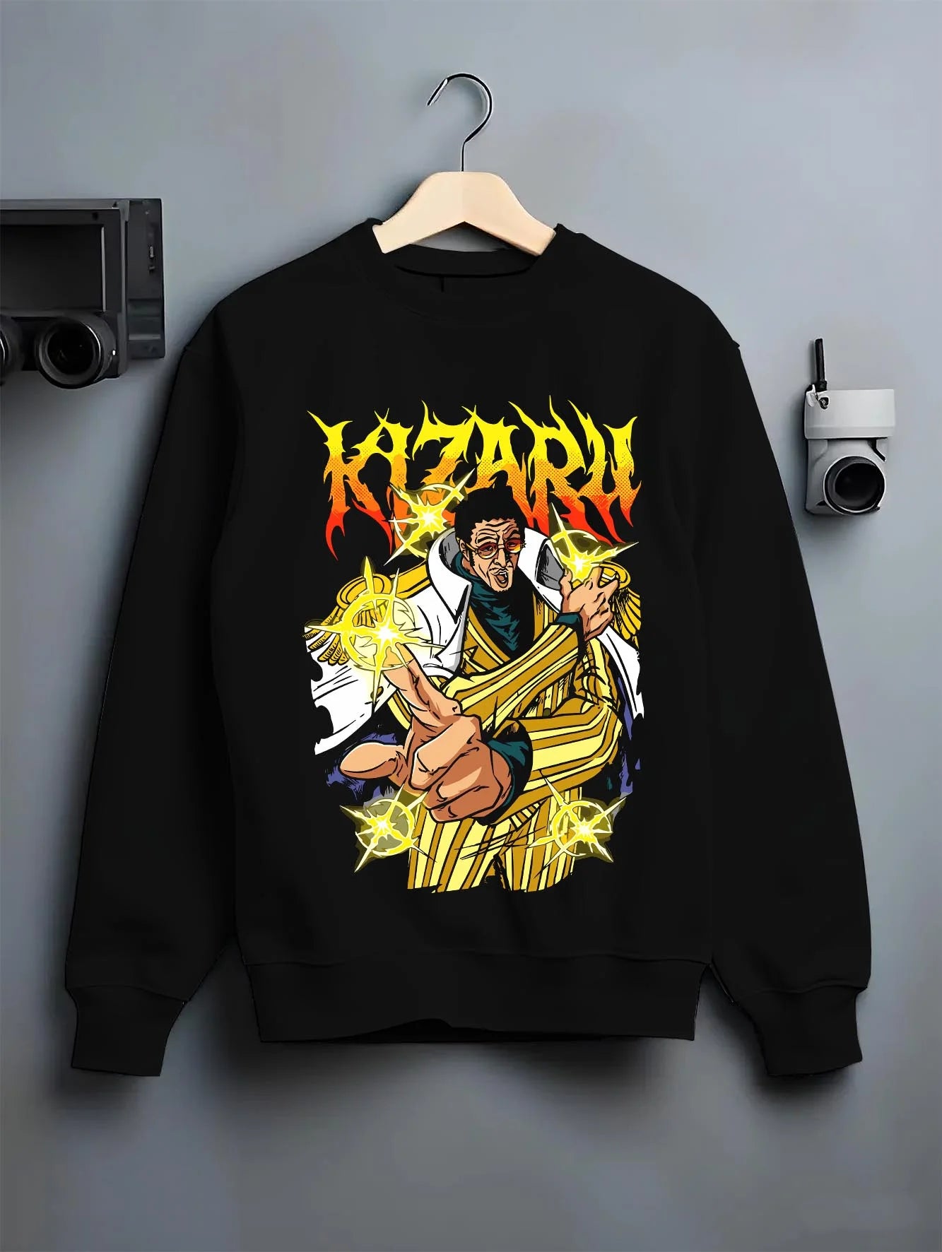 Black crewneck sweatshirt on hanger with Kizaru Hoodie One Piece Admiral Light Speed Borsalino graphic premium wear.