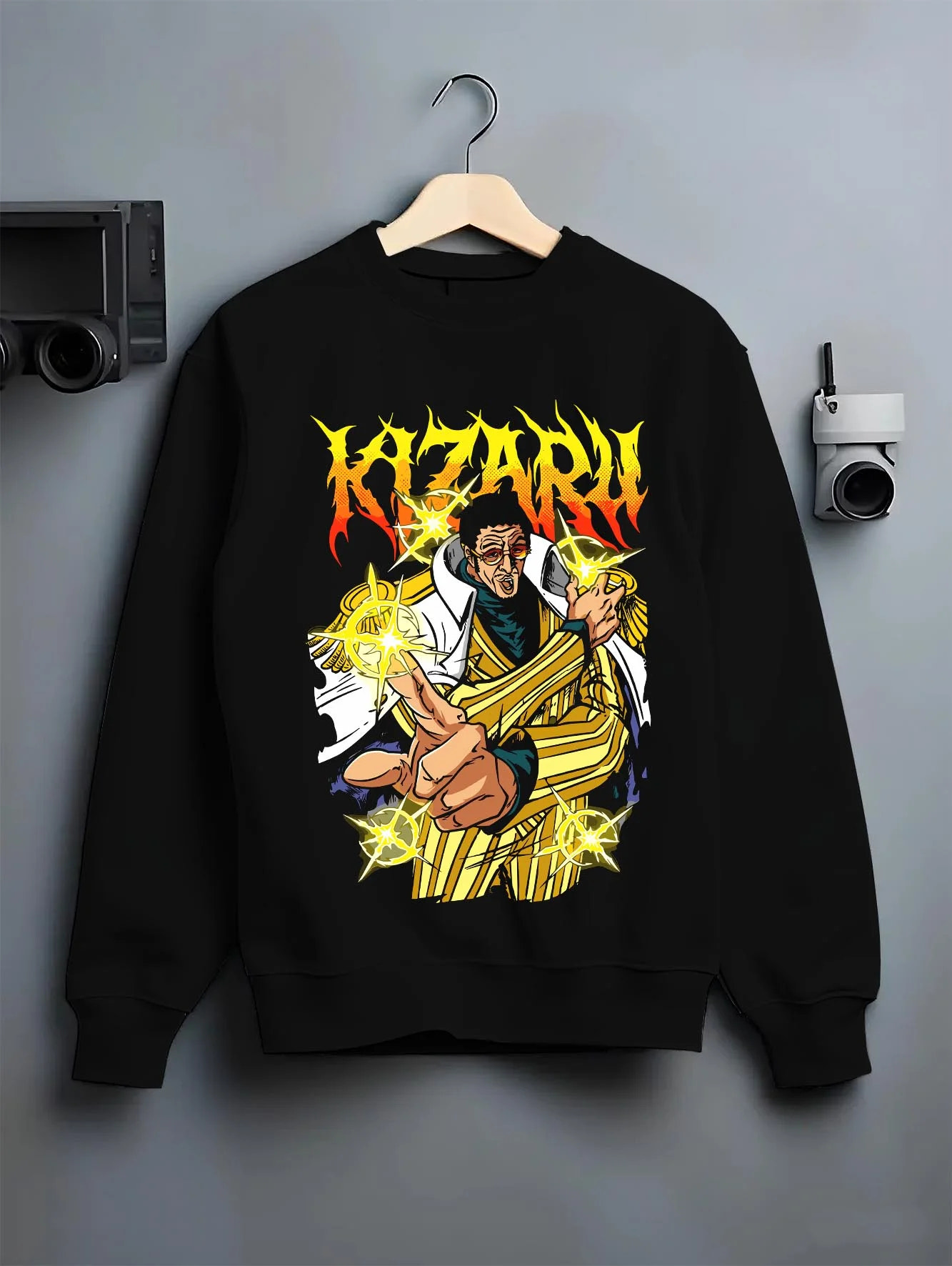 Black crewneck sweatshirt on hanger with Kizaru Hoodie One Piece Admiral Light Speed Borsalino graphic premium wear.