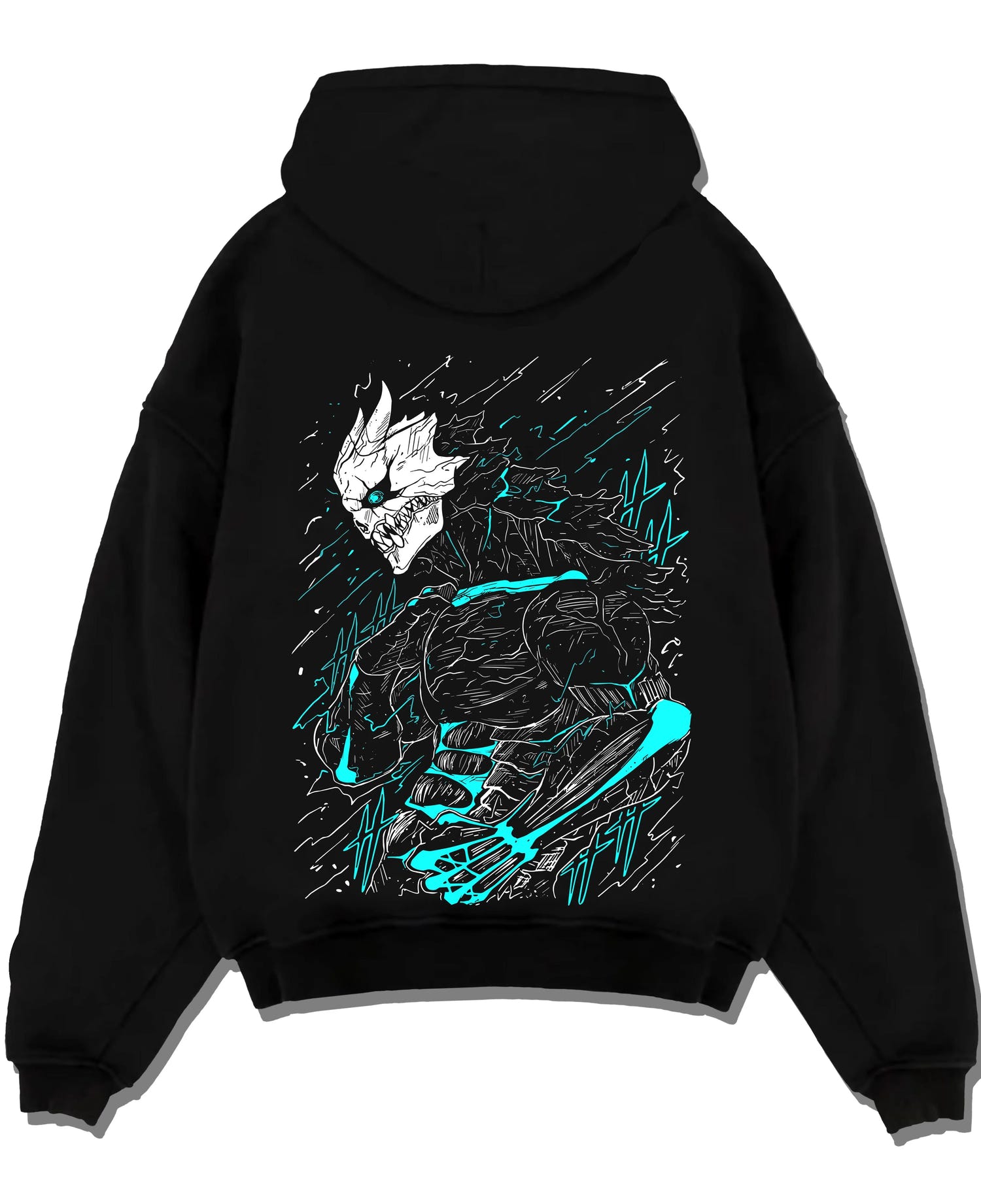Black pullover hoodie laid flat with Kaiju No. 8 Hoodie Kafka Hibino Monster Transformation graphic premium wear.