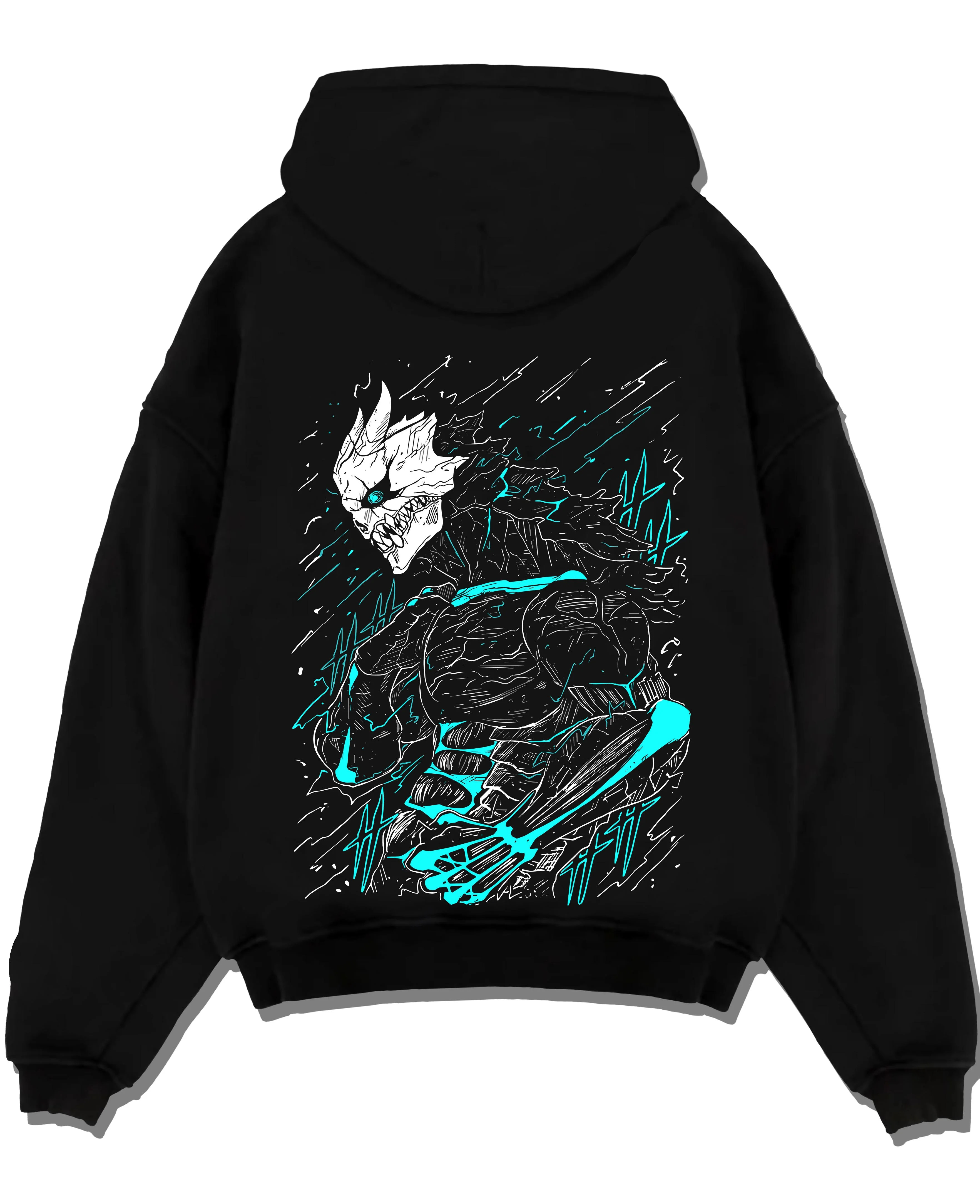 Black pullover hoodie laid flat with Kaiju No. 8 Hoodie Kafka Hibino Monster Transformation graphic premium wear.