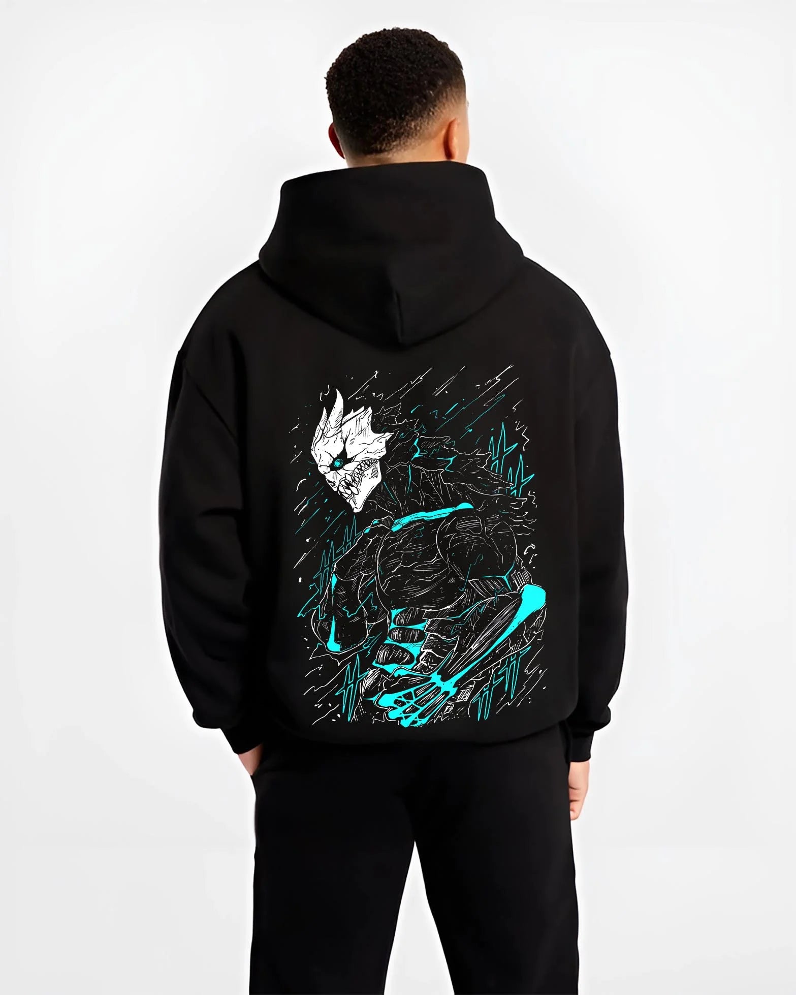 Black hoodie worn by male model, back view with Kaiju No. 8 Hoodie Kafka Hibino Monster Transformation graphic bold anime graphic.