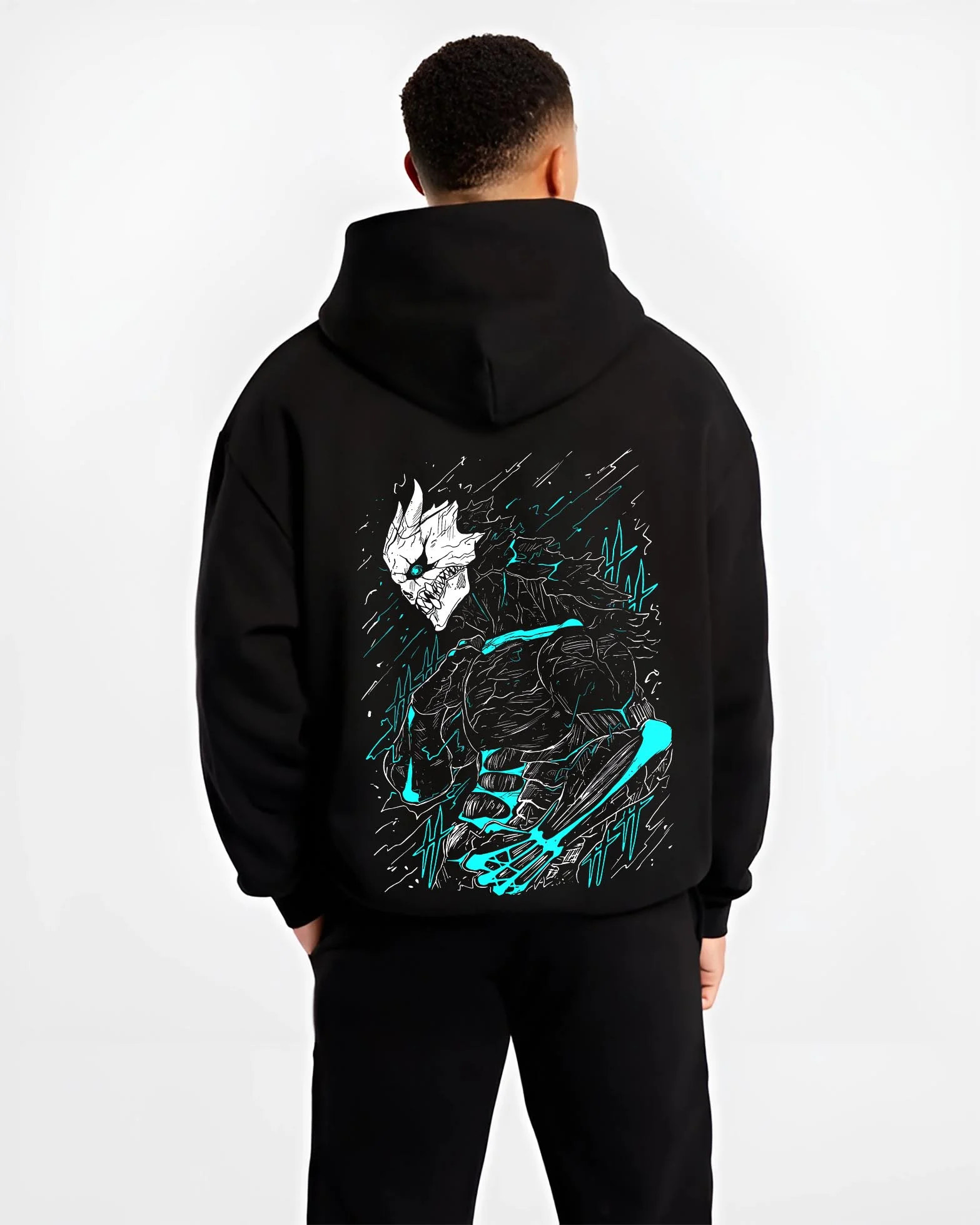 Black hoodie worn by male model, back view with Kaiju No. 8 Hoodie Kafka Hibino Monster Transformation graphic bold anime graphic.