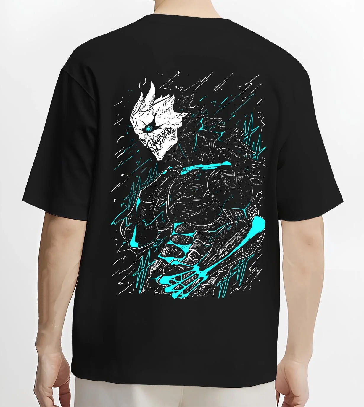 Black T-shirt worn by male model, back view with Kaiju No. 8 Hoodie Kafka Hibino Monster Transformation graphic streetwear graphic.