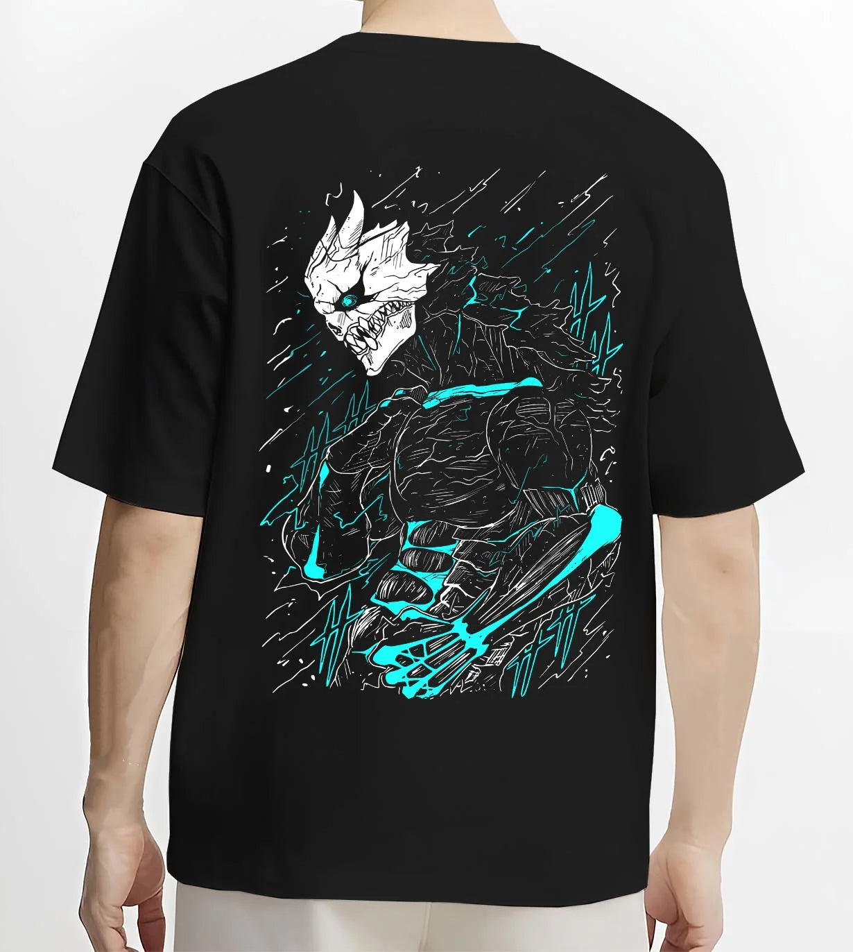 Black T-shirt worn by male model, back view with Kaiju No. 8 Hoodie Kafka Hibino Monster Transformation graphic streetwear graphic.