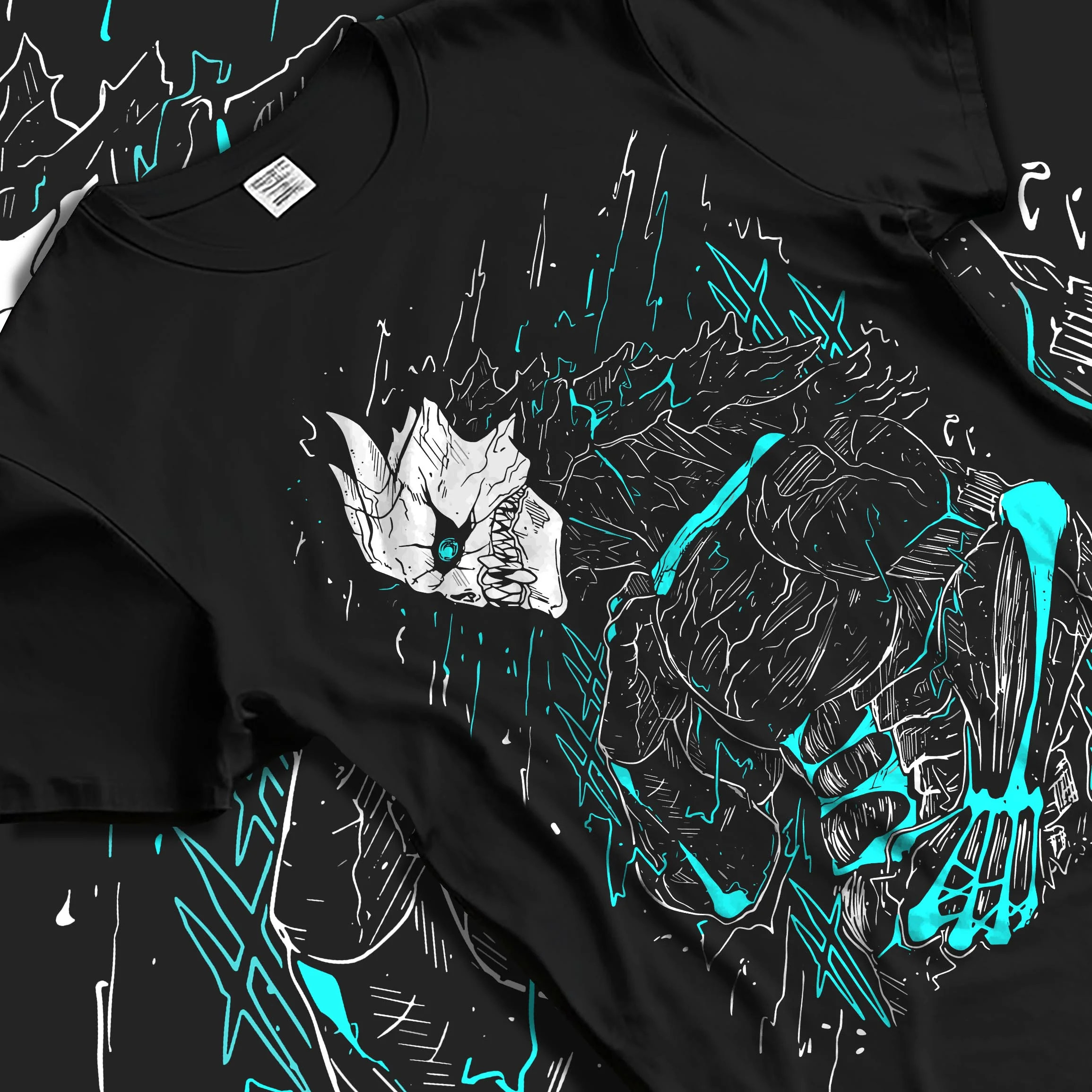 Black T-shirt laid flat with natural folds with Kaiju No. 8 Hoodie Kafka Hibino Monster Transformation graphic bold anime graphic.
