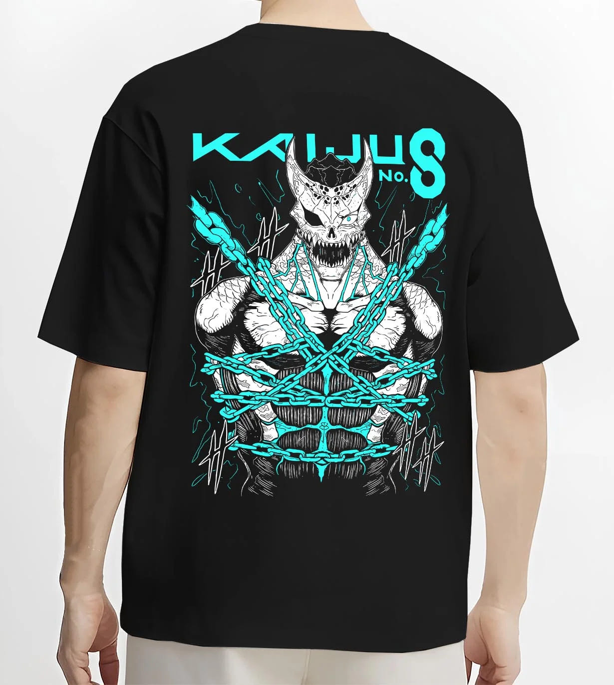 Black T-shirt worn by male model, back view with Kaiju No. 8 Hoodie Kaiju Battle Transformation Form graphic streetwear graphic.