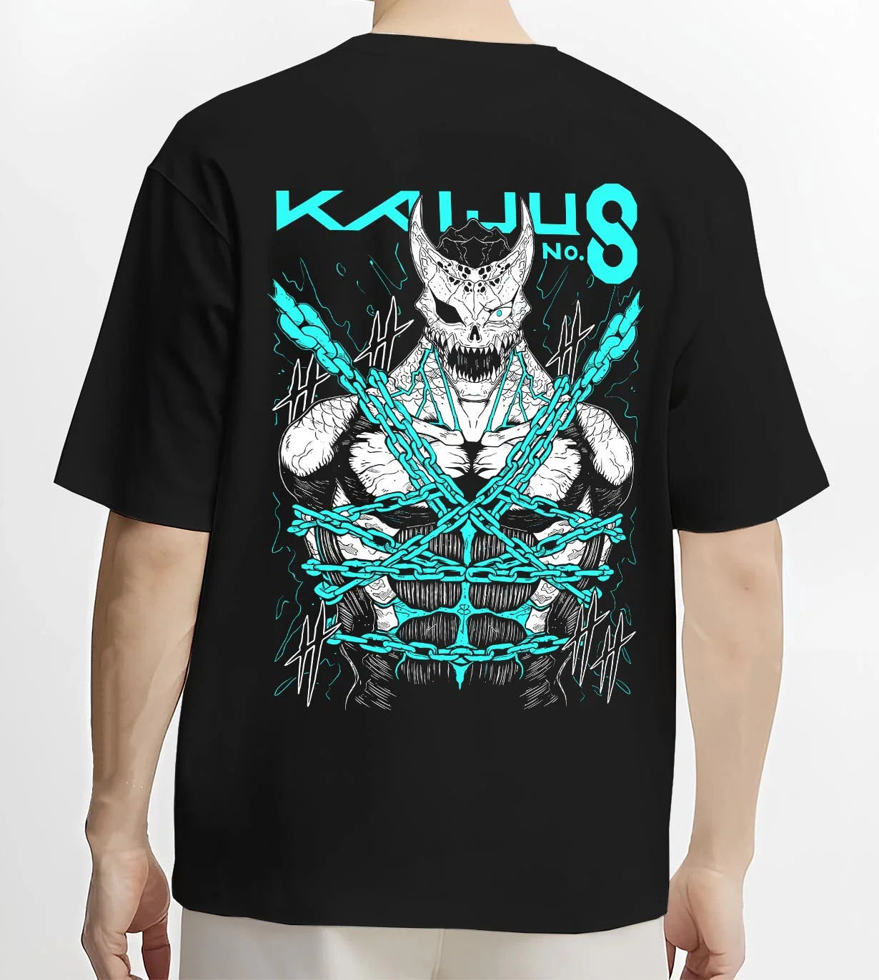 Black T-shirt worn by male model, back view with Kaiju No. 8 Hoodie Kaiju Battle Transformation Form graphic streetwear graphic.