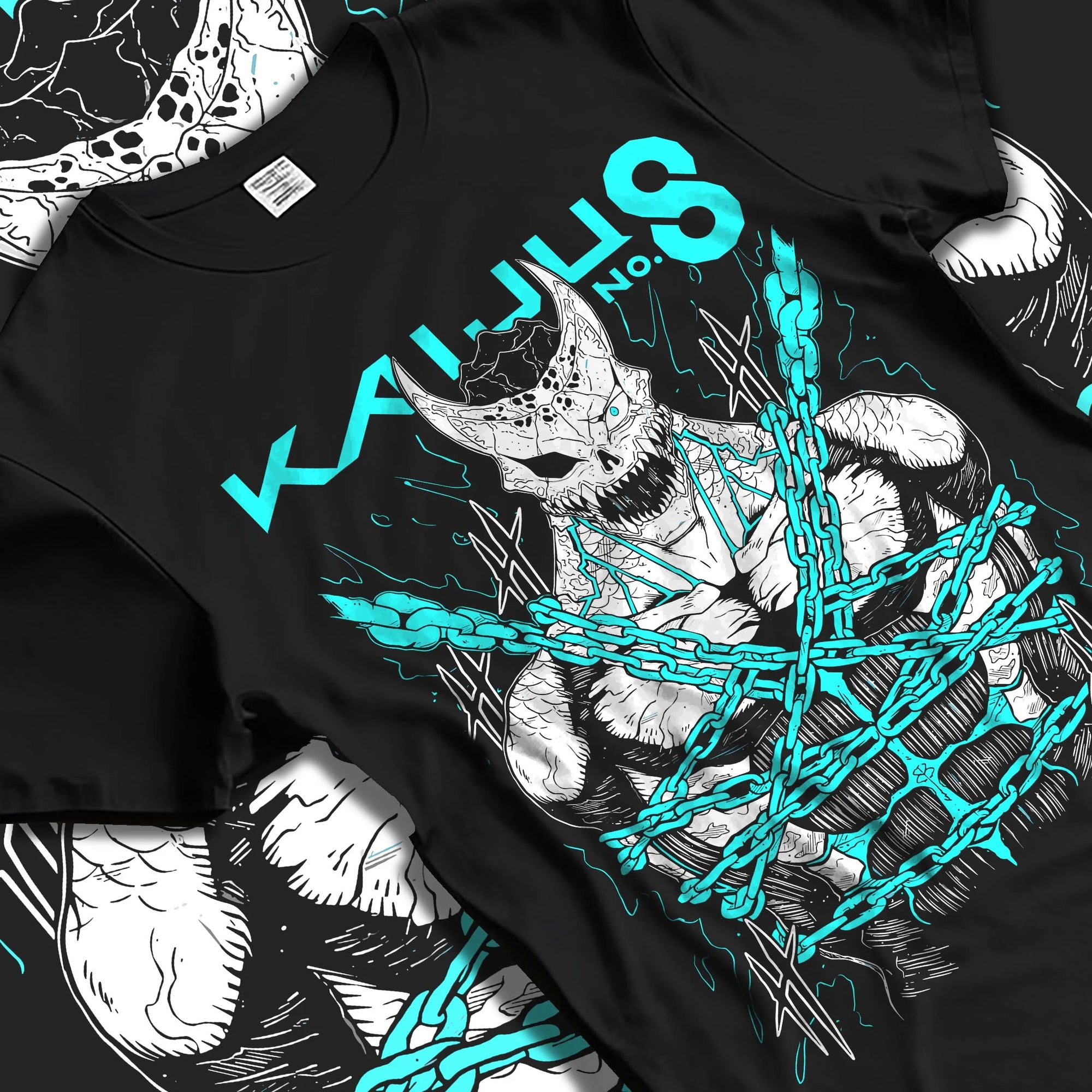 Black T-shirt laid flat with natural folds with Kaiju No. 8 Hoodie Kaiju Battle Transformation Form graphic streetwear graphic.
