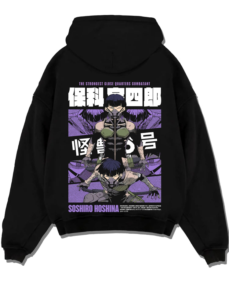 Black pullover hoodie laid flat with Soshiro Hoshina Hoodie Kaiju No. 8 Defense Force Captain graphic bold anime graphic.