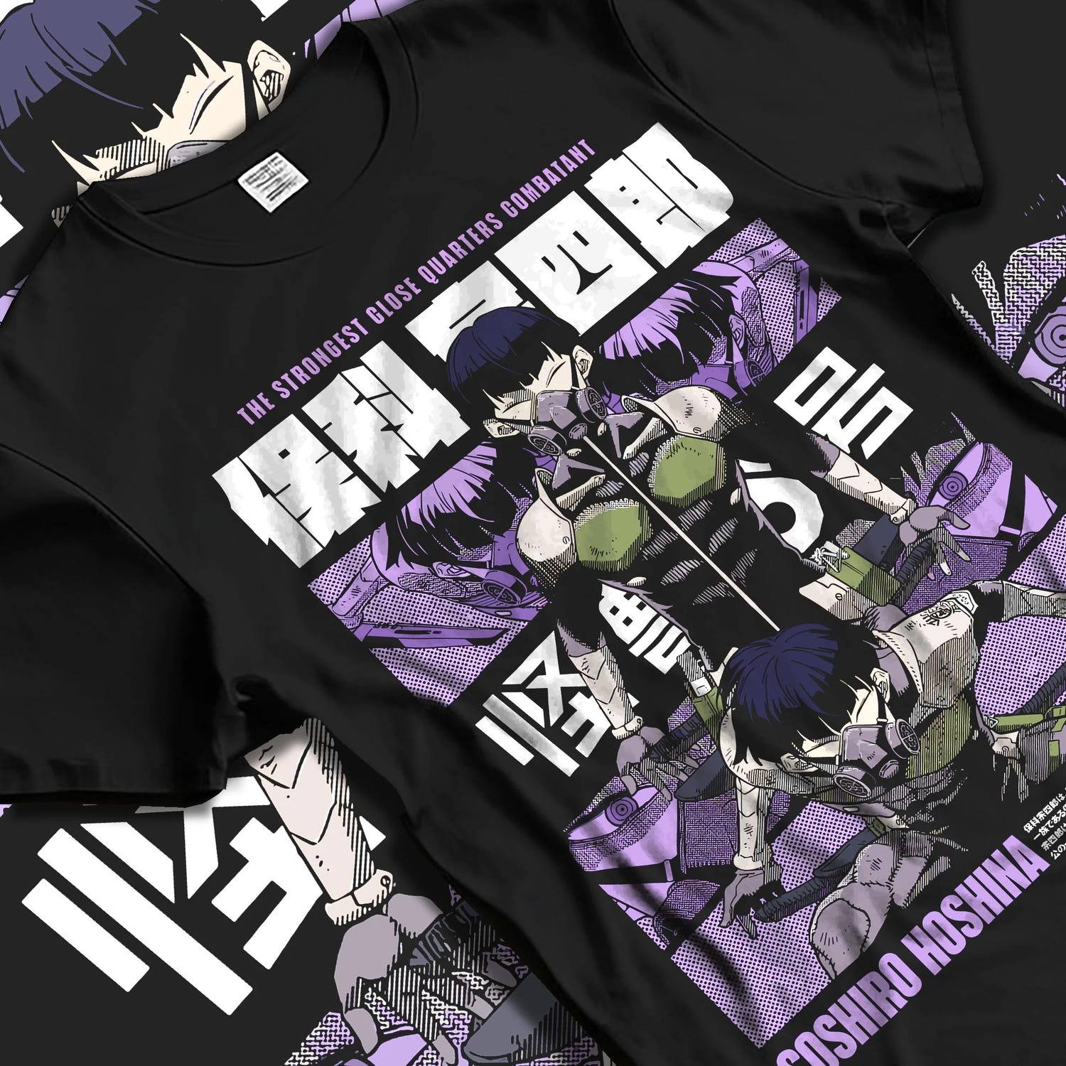 Black T-shirt laid flat with natural folds with Soshiro Hoshina Hoodie Kaiju No. 8 Defense Force Captain graphic premium wear.