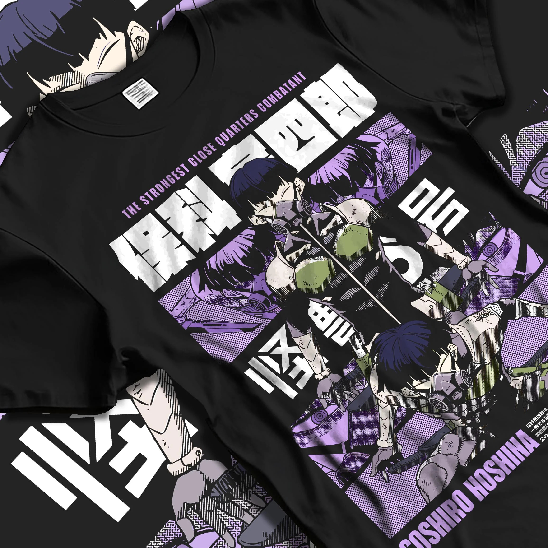 Black T-shirt laid flat with natural folds with Soshiro Hoshina Hoodie Kaiju No. 8 Defense Force Captain graphic premium wear.