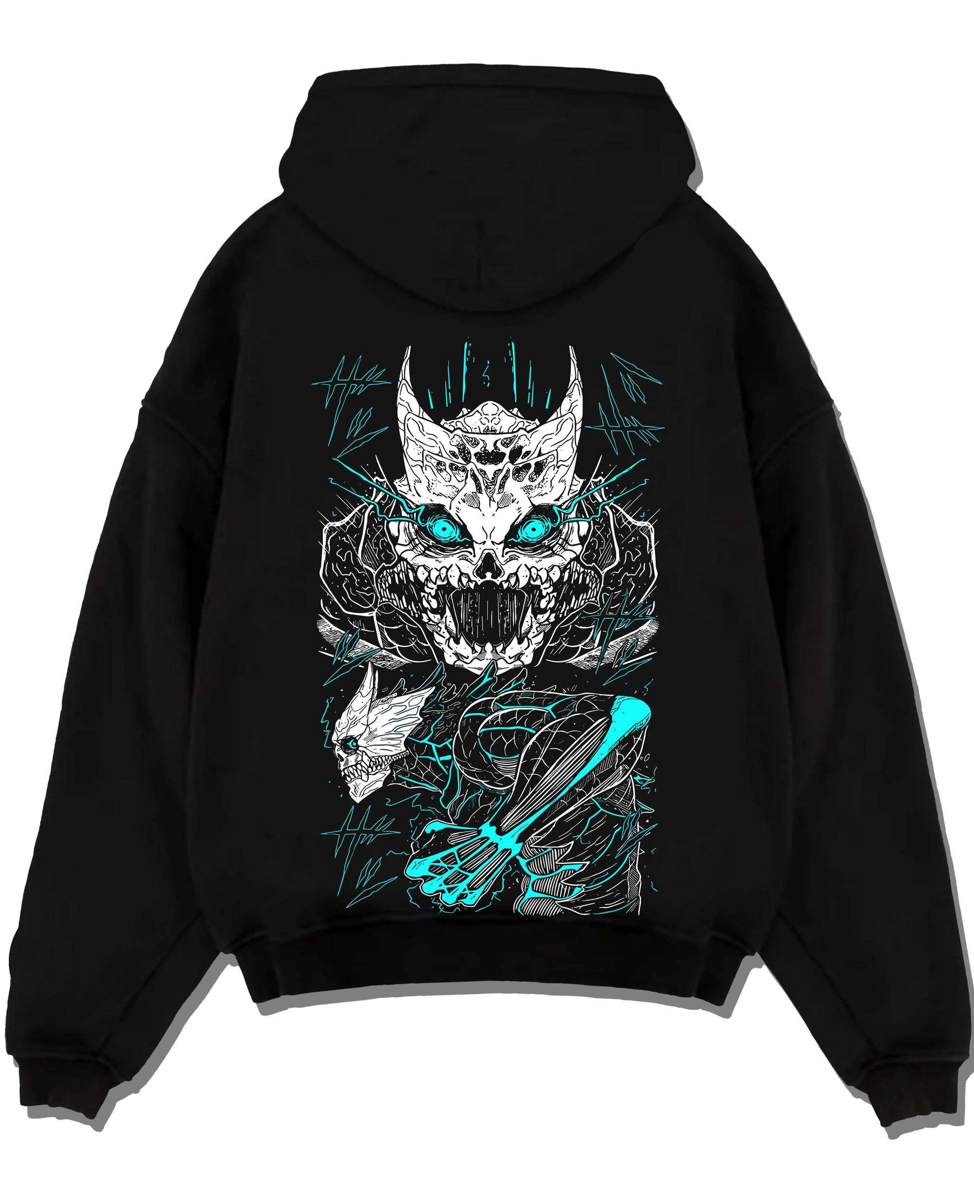 Black pullover hoodie laid flat with Kaiju No. 8 Hoodie Monster Transformation Battle graphic streetwear graphic.