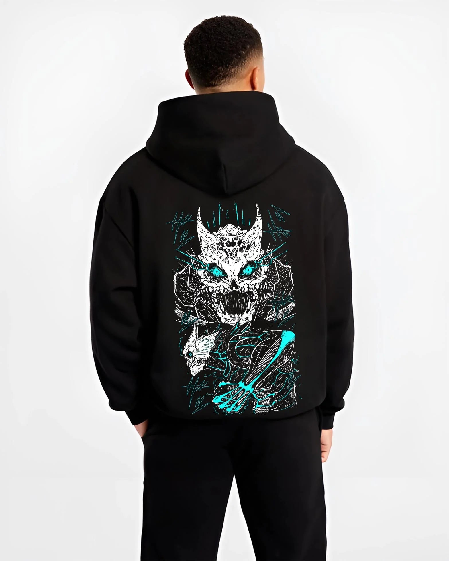 Black hoodie worn by male model, back view with Kaiju No. 8 Hoodie Monster Transformation Battle graphic streetwear graphic.