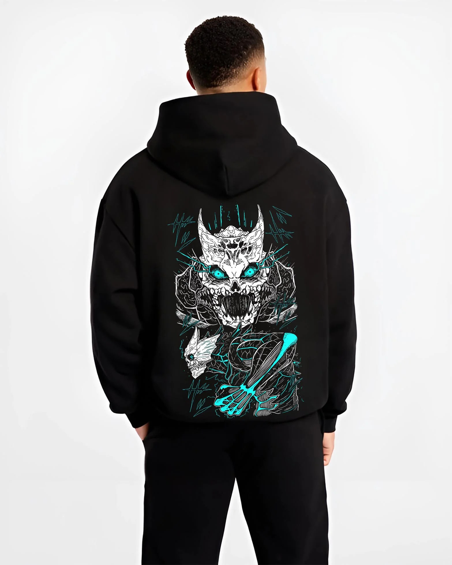 Black hoodie worn by male model, back view with Kaiju No. 8 Hoodie Monster Transformation Battle graphic streetwear graphic.