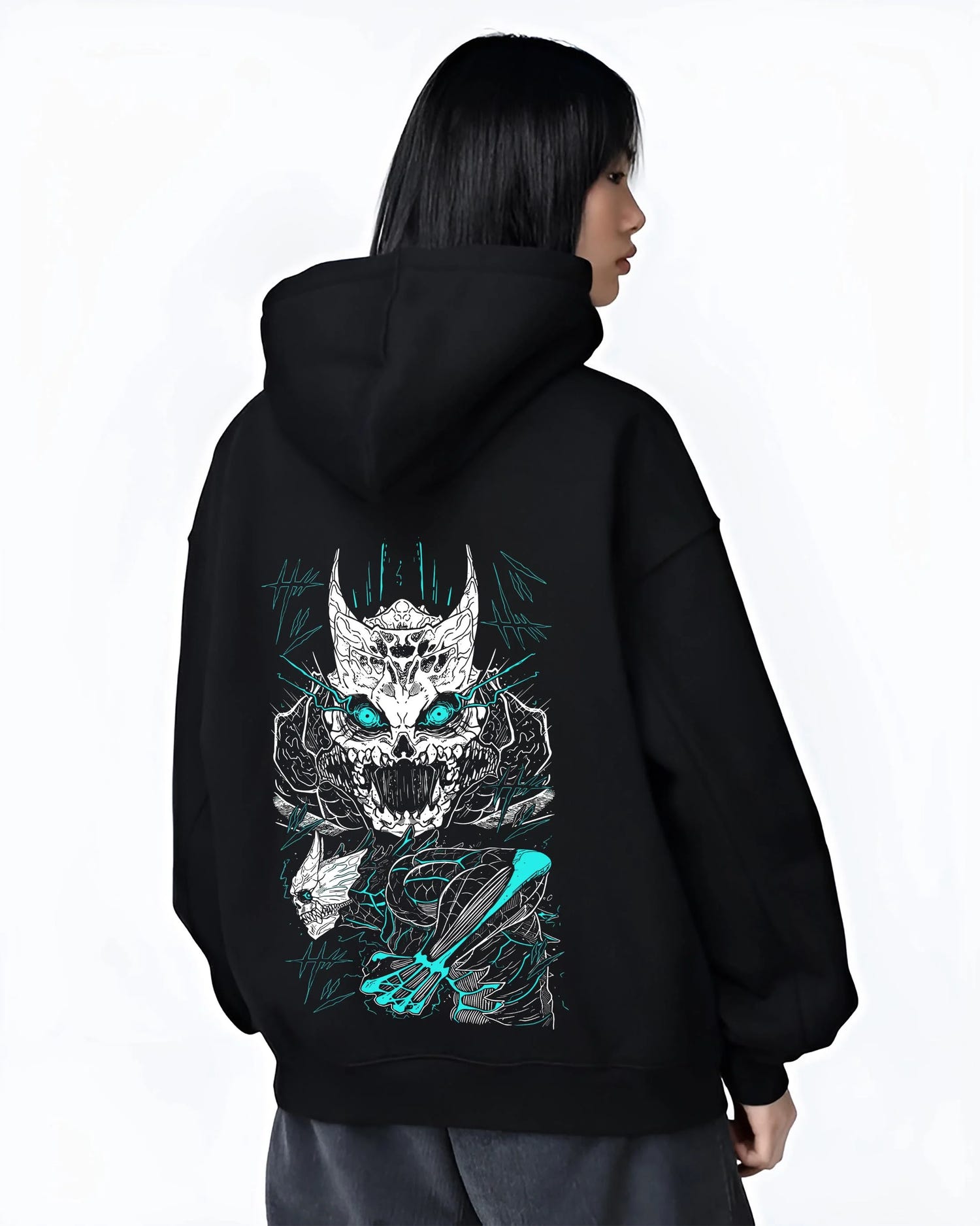 Black hoodie worn by female model, back view with Kaiju No. 8 Hoodie Monster Transformation Battle graphic streetwear graphic.