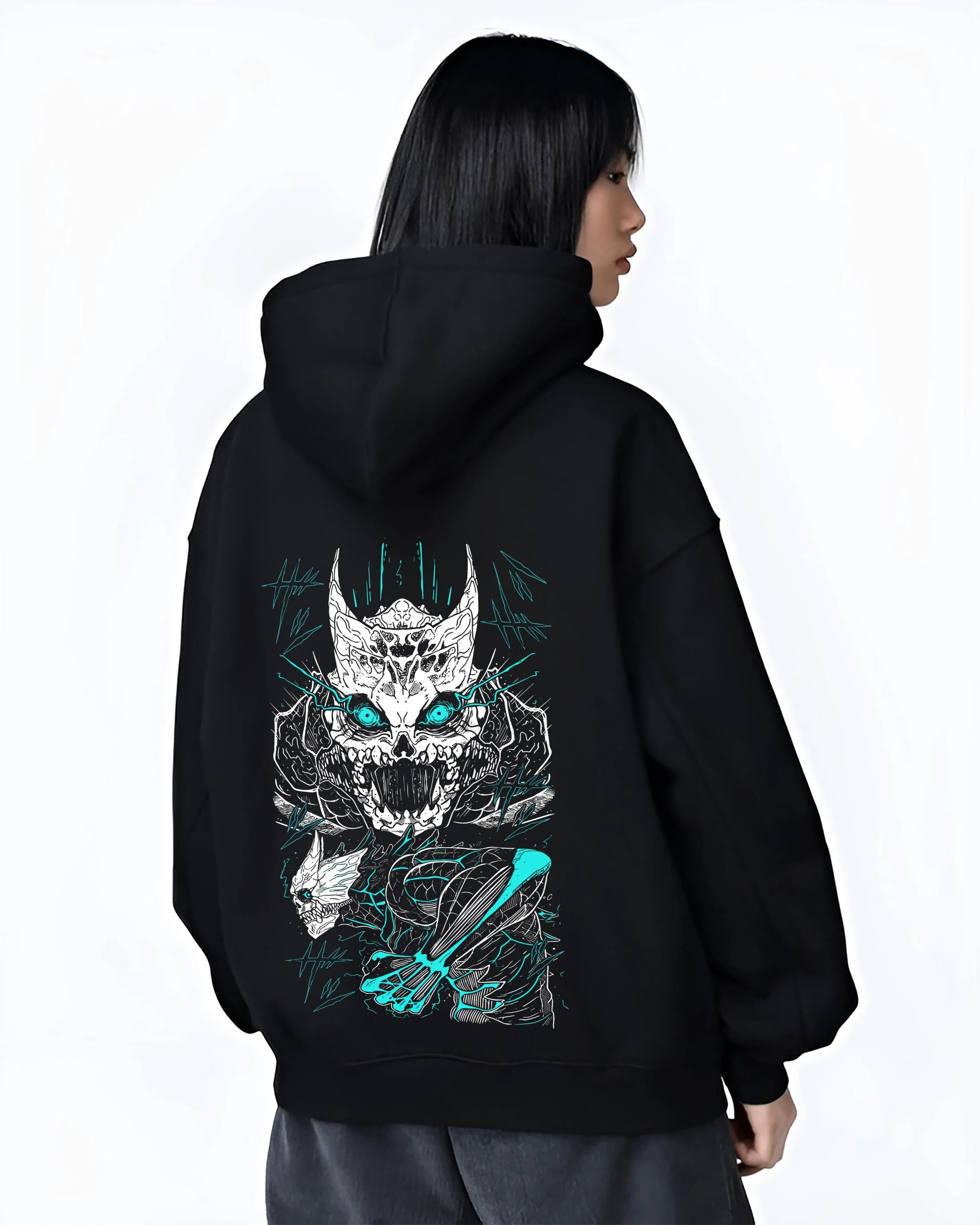 Black hoodie worn by female model, back view with Kaiju No. 8 Hoodie Monster Transformation Battle graphic streetwear graphic.