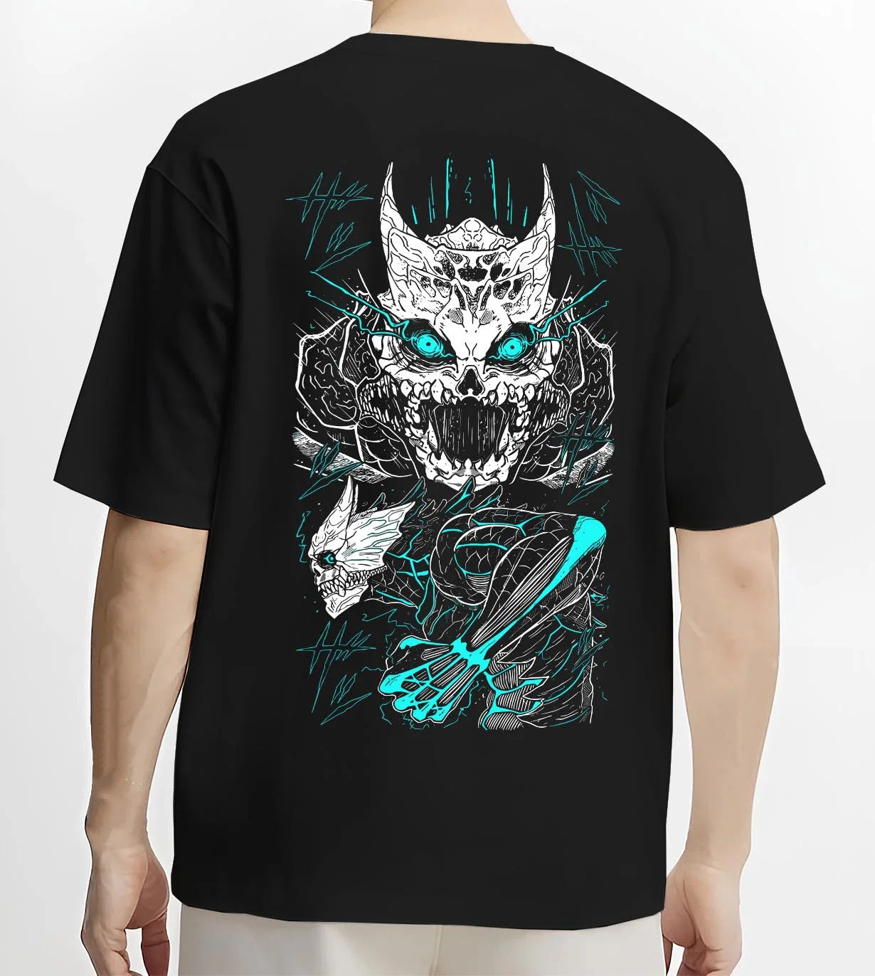 Black T-shirt worn by male model, back view with Kaiju No. 8 Hoodie Monster Transformation Battle graphic streetwear graphic.