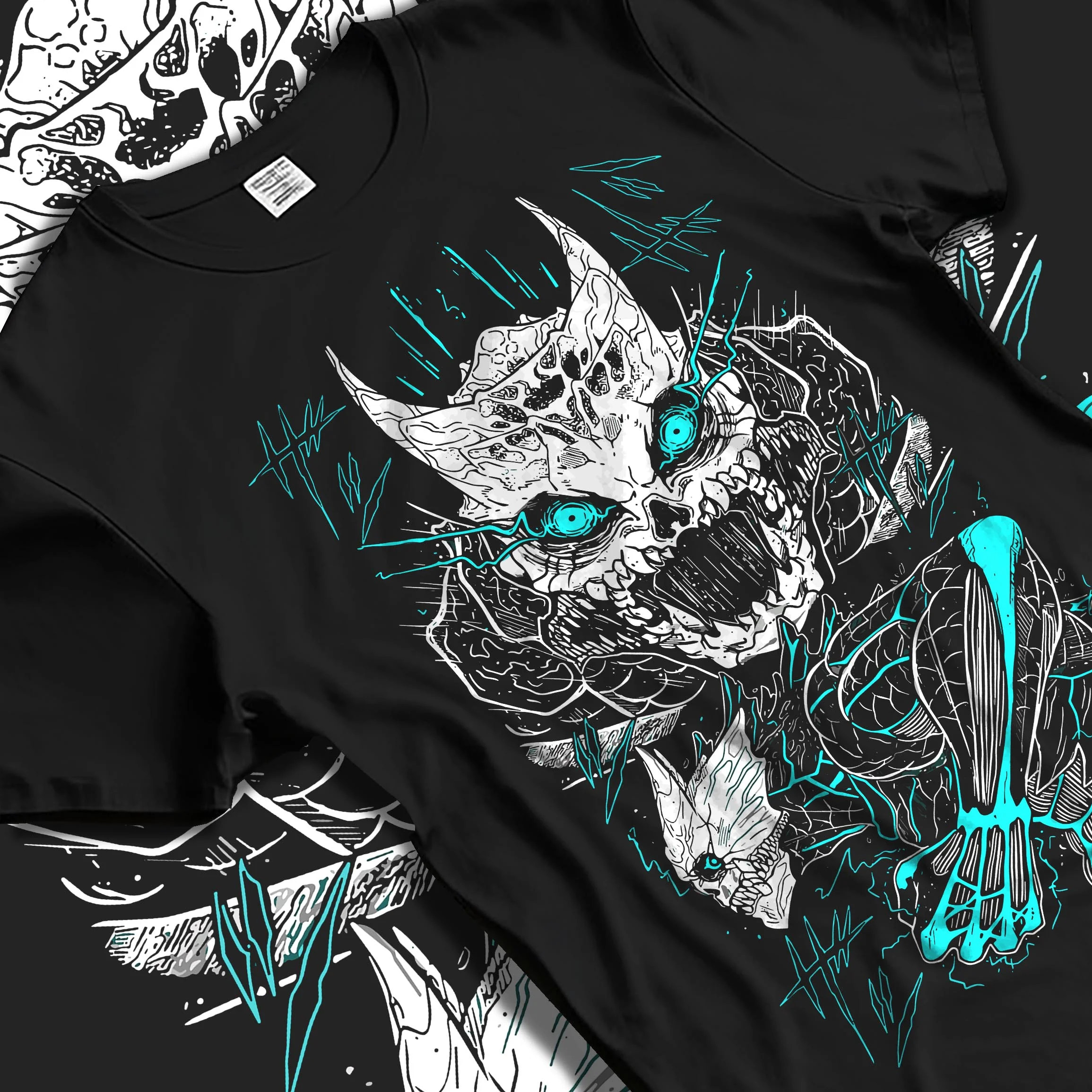 Black T-shirt laid flat with natural folds with Kaiju No. 8 Hoodie Monster Transformation Battle graphic bold anime graphic.