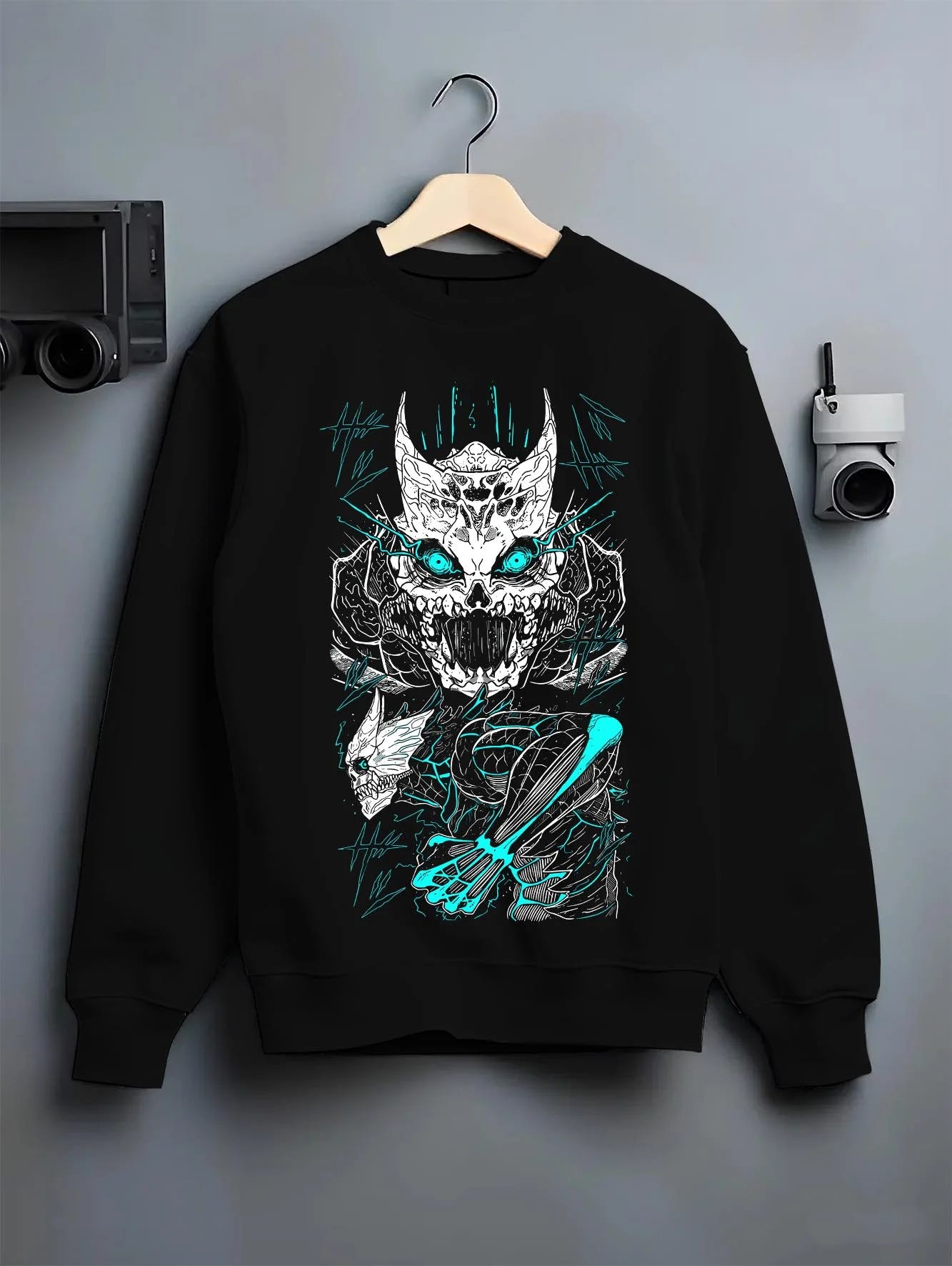 Black crewneck sweatshirt on hanger with Kaiju No. 8 Hoodie Monster Transformation Battle graphic bold anime graphic.