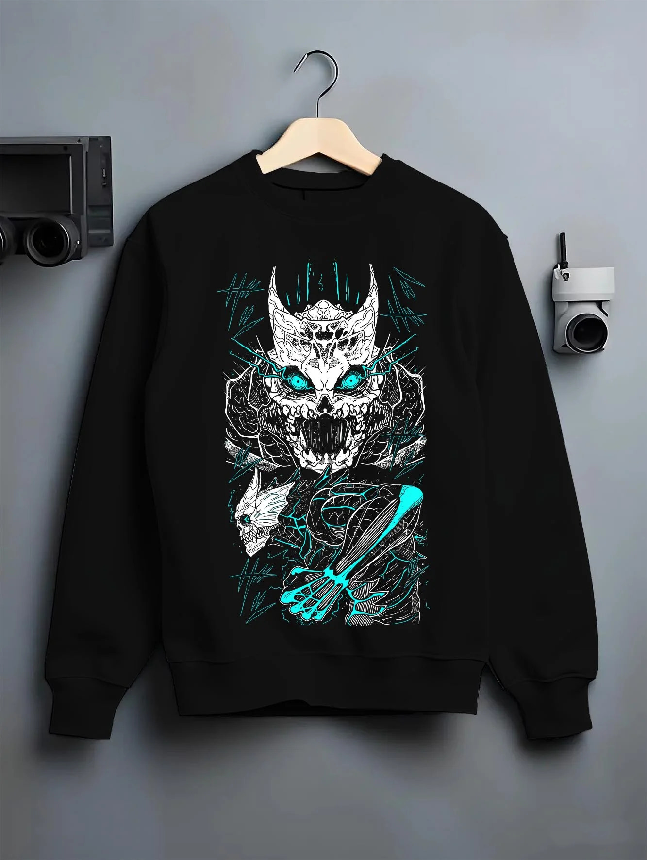 Black crewneck sweatshirt on hanger with Kaiju No. 8 Hoodie Monster Transformation Battle graphic bold anime graphic.
