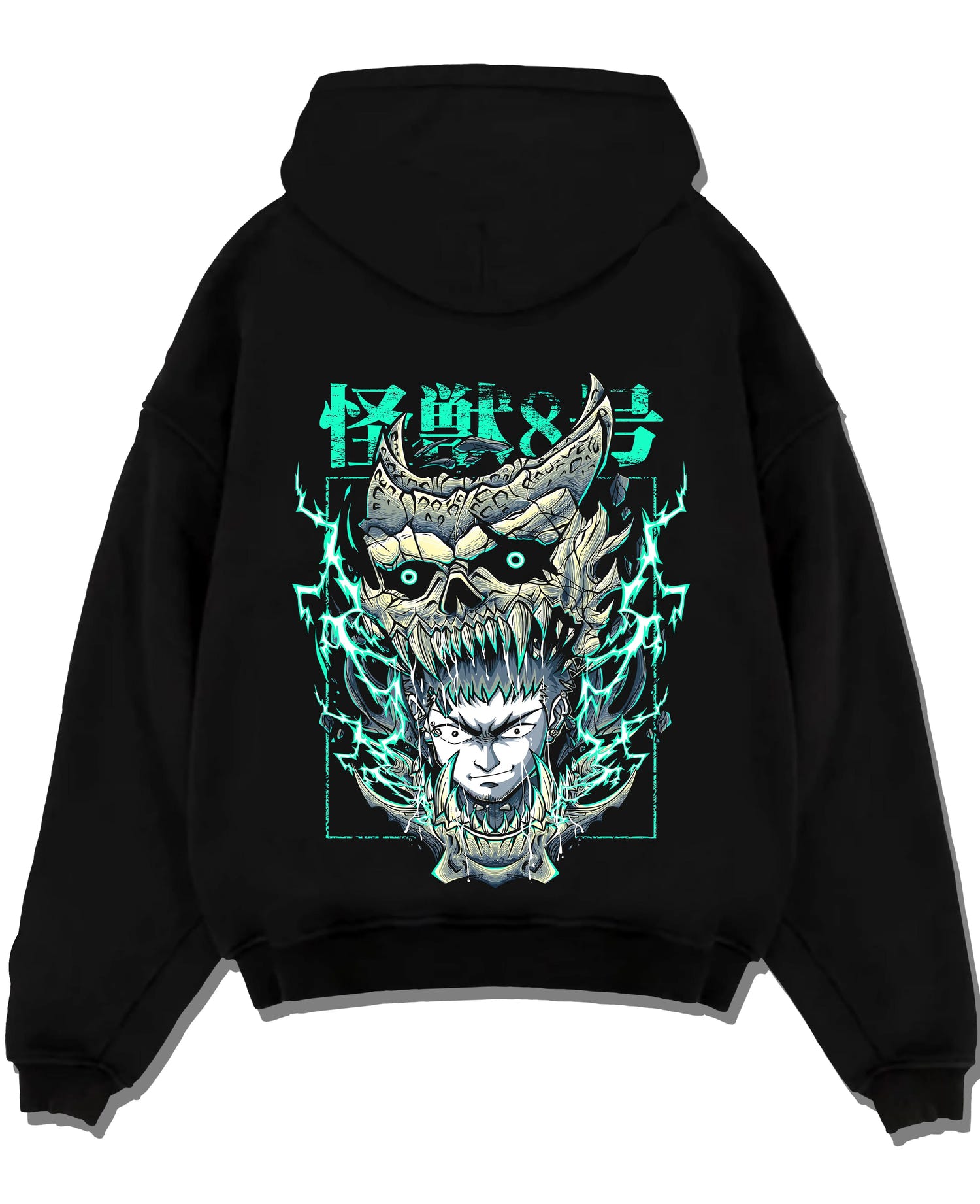 Black pullover hoodie laid flat with Kaiju No. 8 Hoodie Kafka Hibino Fiery Skull Form graphic bold anime graphic.