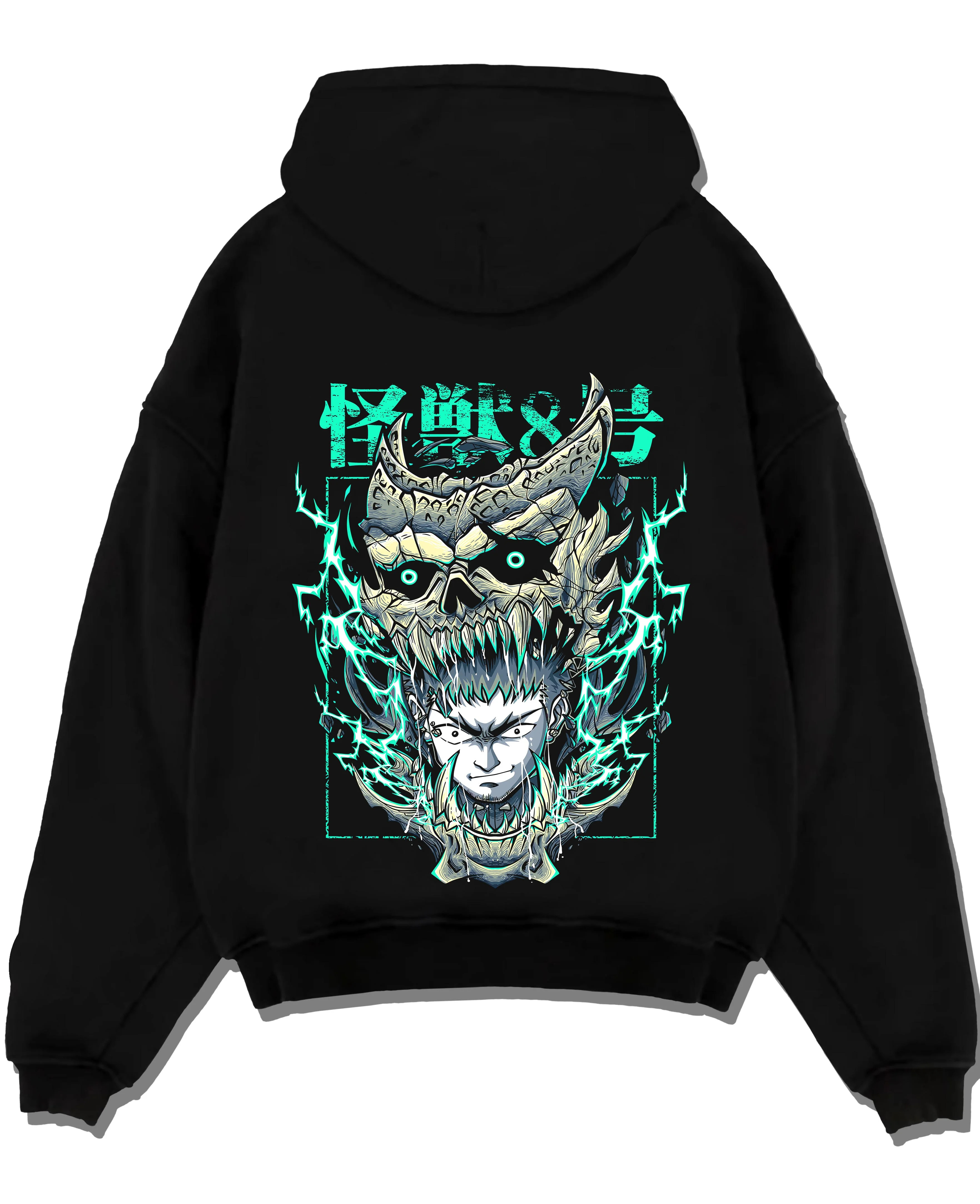 Black pullover hoodie laid flat with Kaiju No. 8 Hoodie Kafka Hibino Fiery Skull Form graphic bold anime graphic.