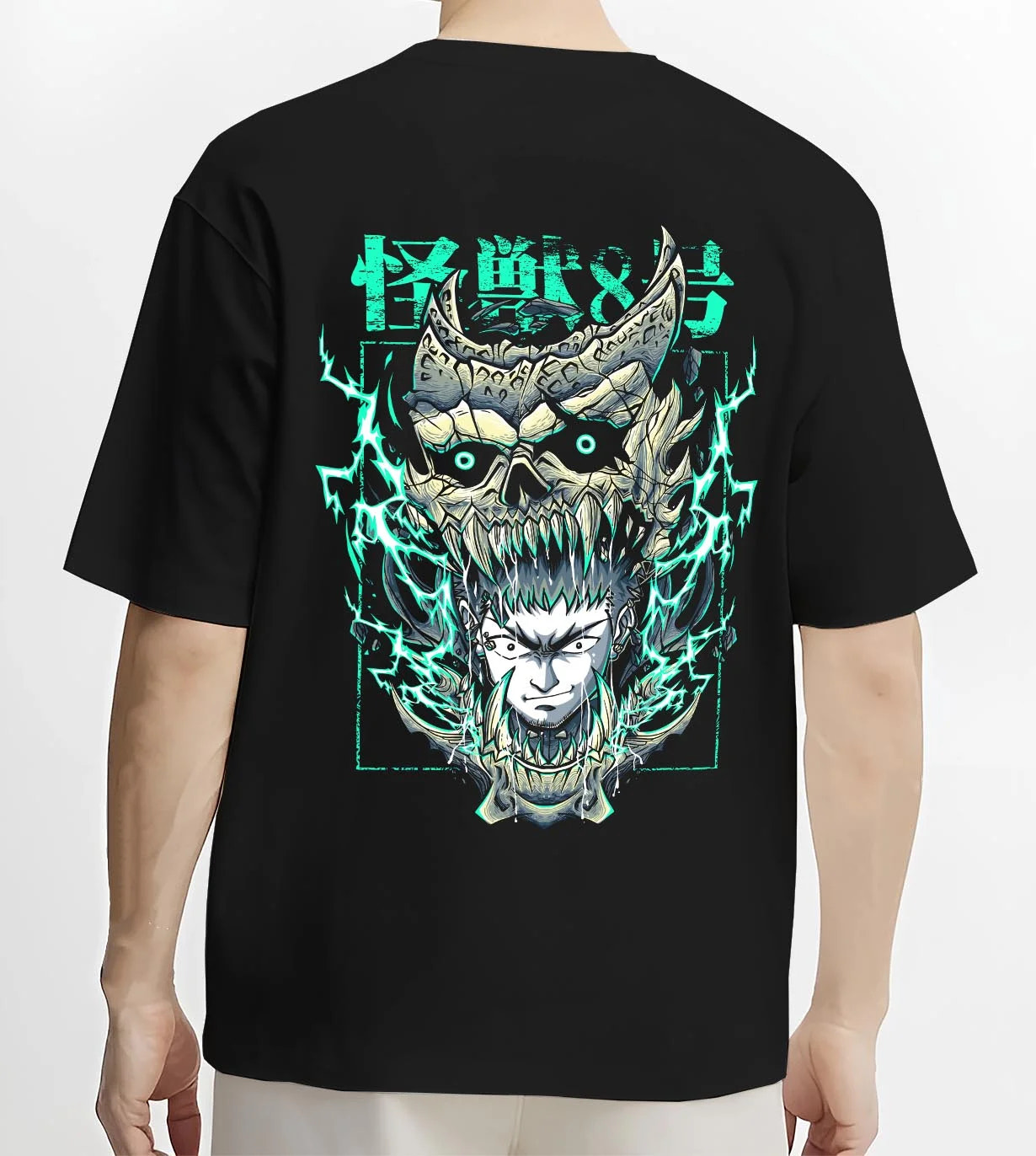 Black T-shirt worn by male model, back view with Kaiju No. 8 Hoodie Kafka Hibino Fiery Skull Form graphic streetwear graphic.