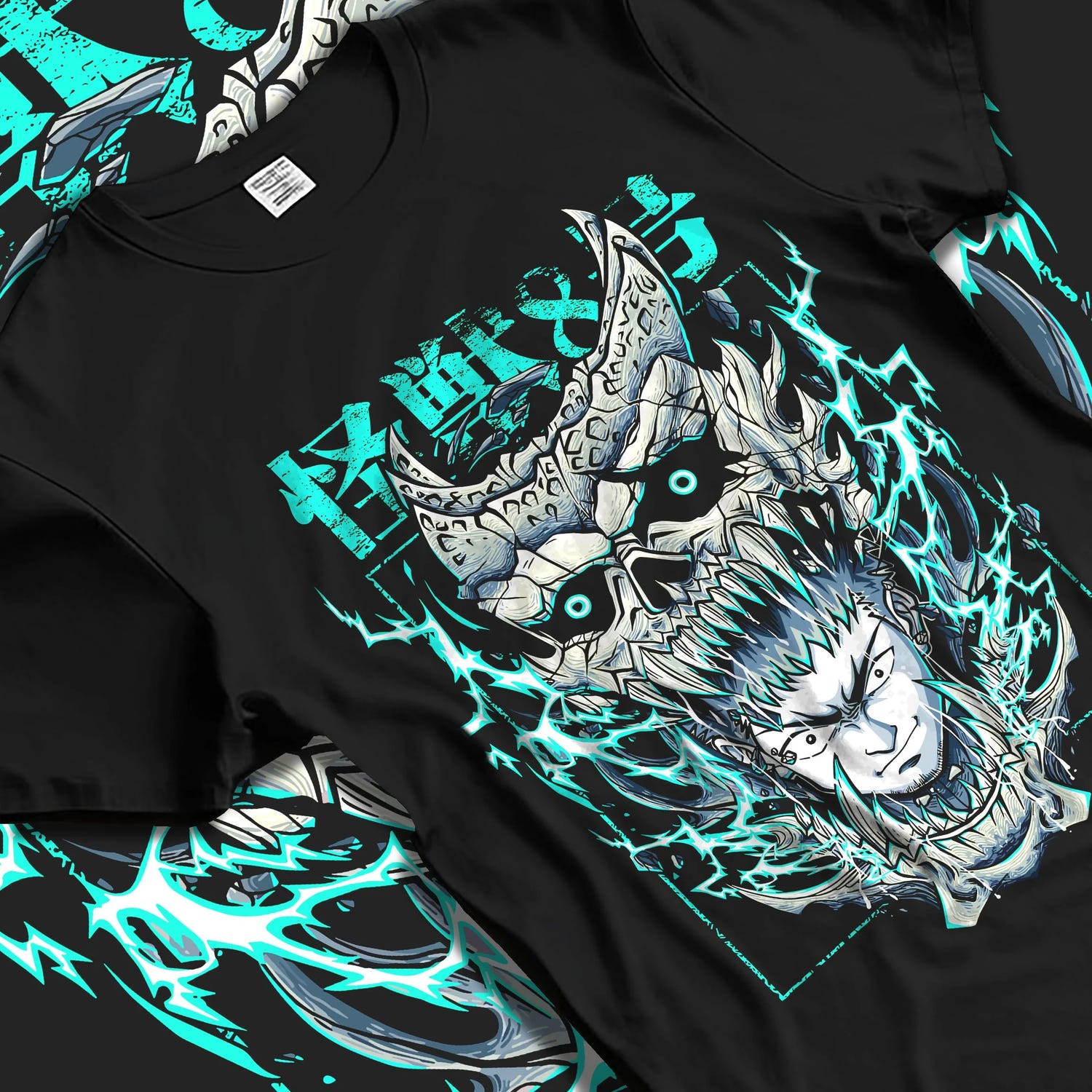 Black T-shirt laid flat with natural folds with Kaiju No. 8 Hoodie Kafka Hibino Fiery Skull Form graphic bold anime graphic.