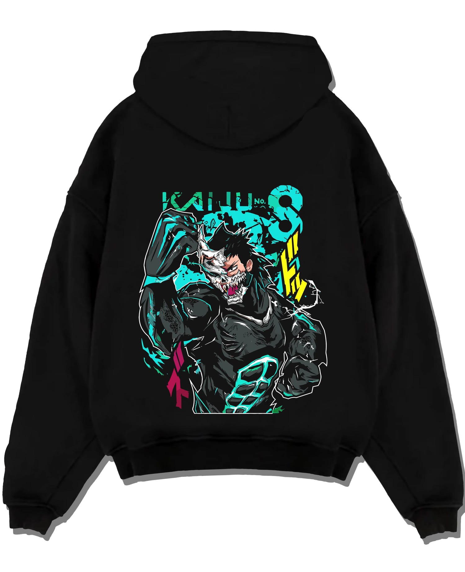 Black pullover hoodie laid flat with Kaiju No. 8 Hoodie Kafka Hibino Beast Awakening graphic premium wear.