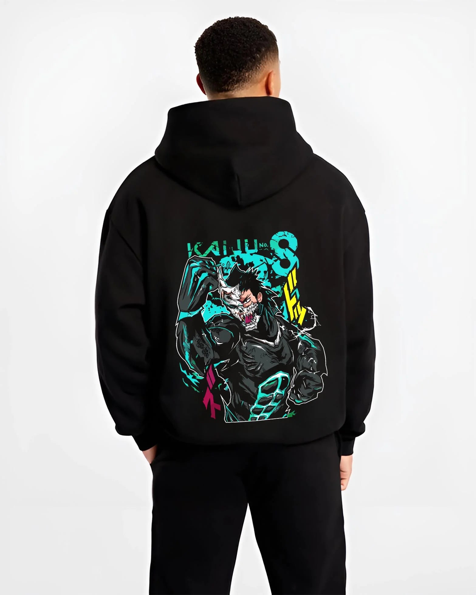 Black hoodie worn by male model, back view with Kaiju No. 8 Hoodie Kafka Hibino Beast Awakening graphic premium wear.