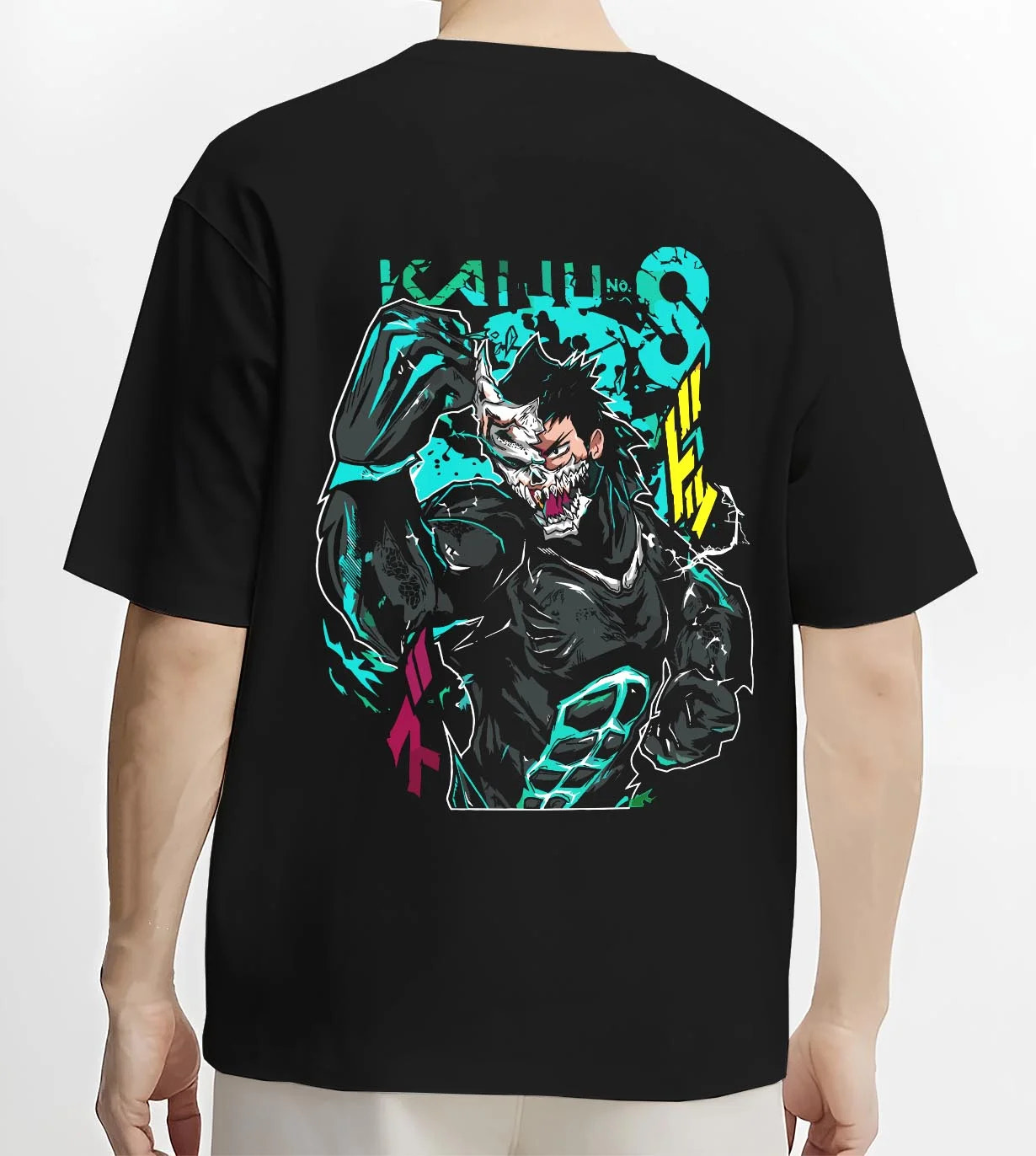 Black T-shirt worn by male model, back view with Kaiju No. 8 Hoodie Kafka Hibino Beast Awakening graphic streetwear graphic.