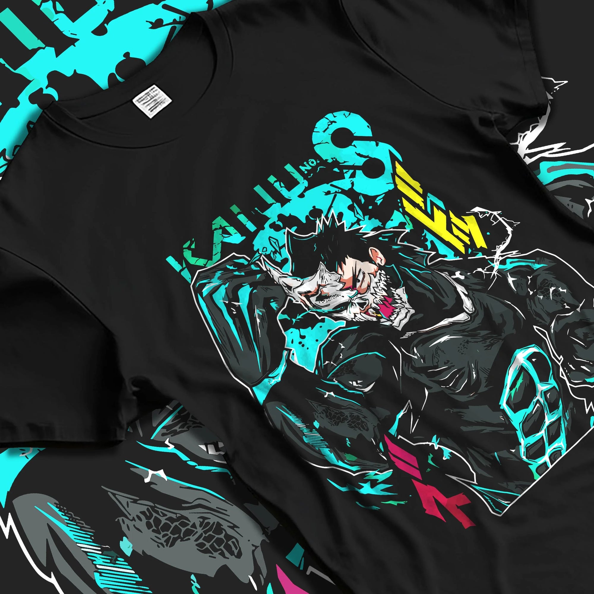 Black T-shirt laid flat with natural folds with Kaiju No. 8 Hoodie Kafka Hibino Beast Awakening graphic premium wear.