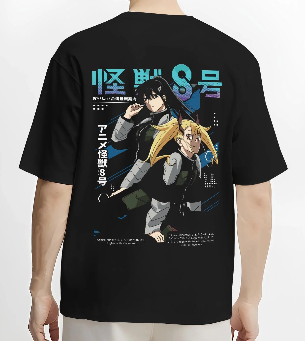 Black T-shirt worn by male model, back view with Kaiju No. 8 Hoodie Defense Force Team Stance graphic premium wear.