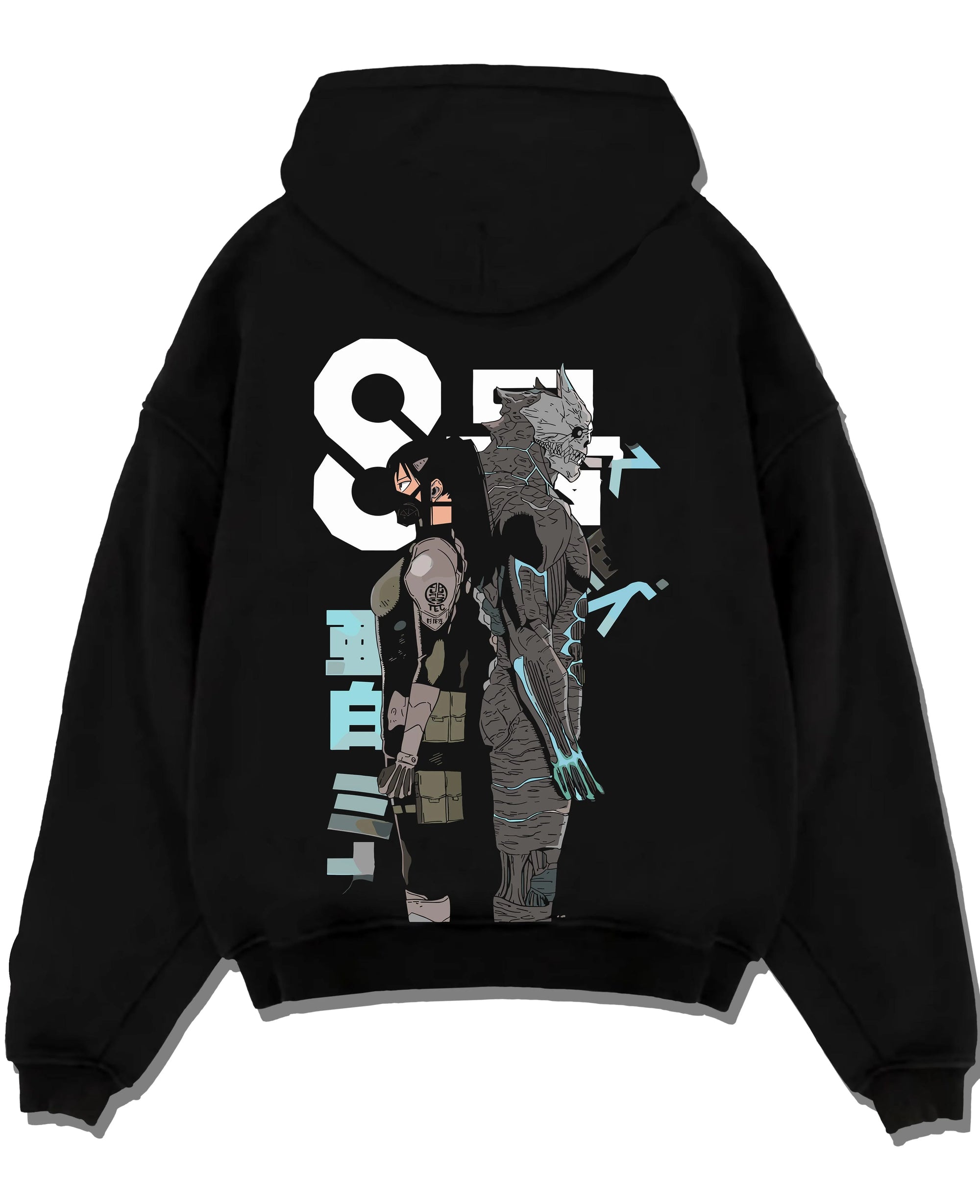 Black pullover hoodie laid flat with Kaiju No. 8 Hoodie Final Form Heroic Moment graphic premium wear.
