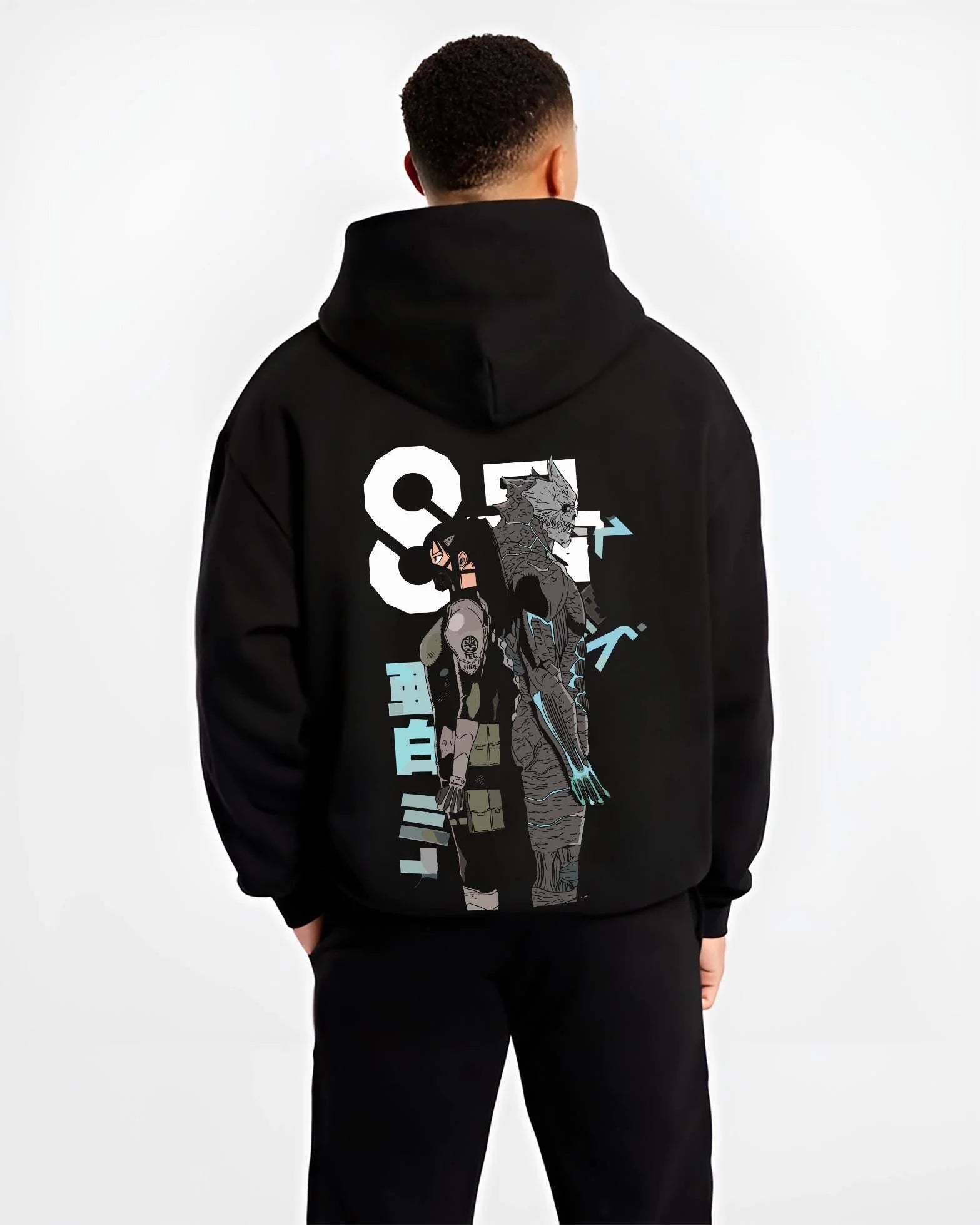 Black hoodie worn by male model, back view with Kaiju No. 8 Hoodie Final Form Heroic Moment graphic streetwear graphic.