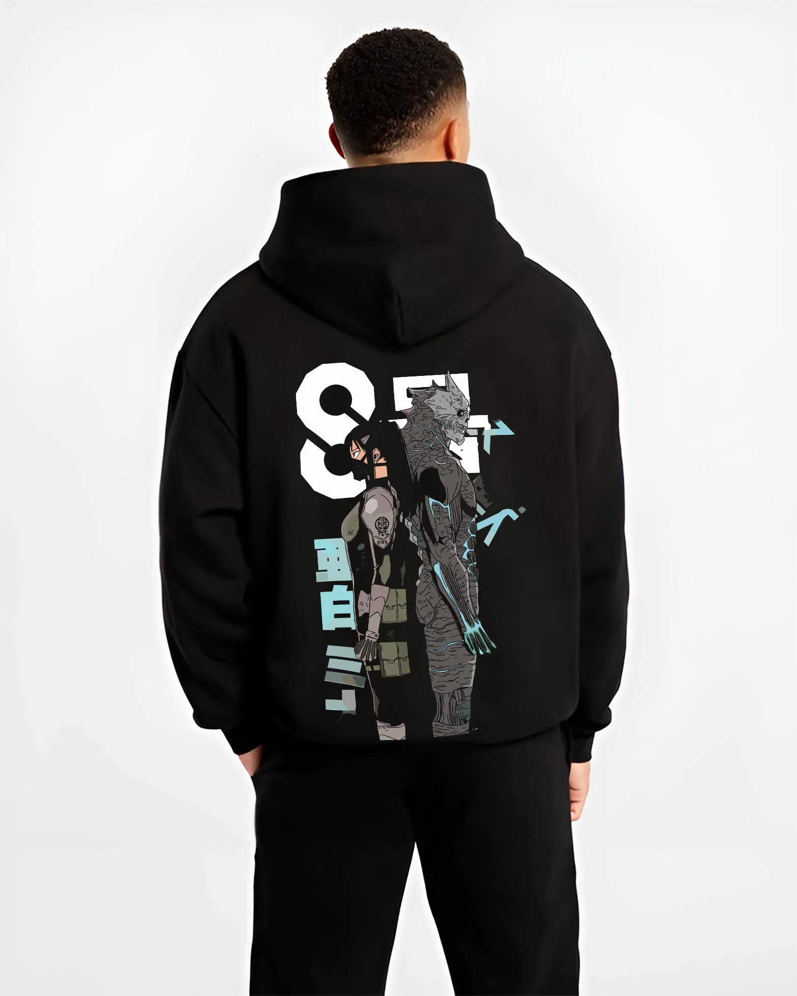 Black hoodie worn by male model, back view with Kaiju No. 8 Hoodie Final Form Heroic Moment graphic streetwear graphic.