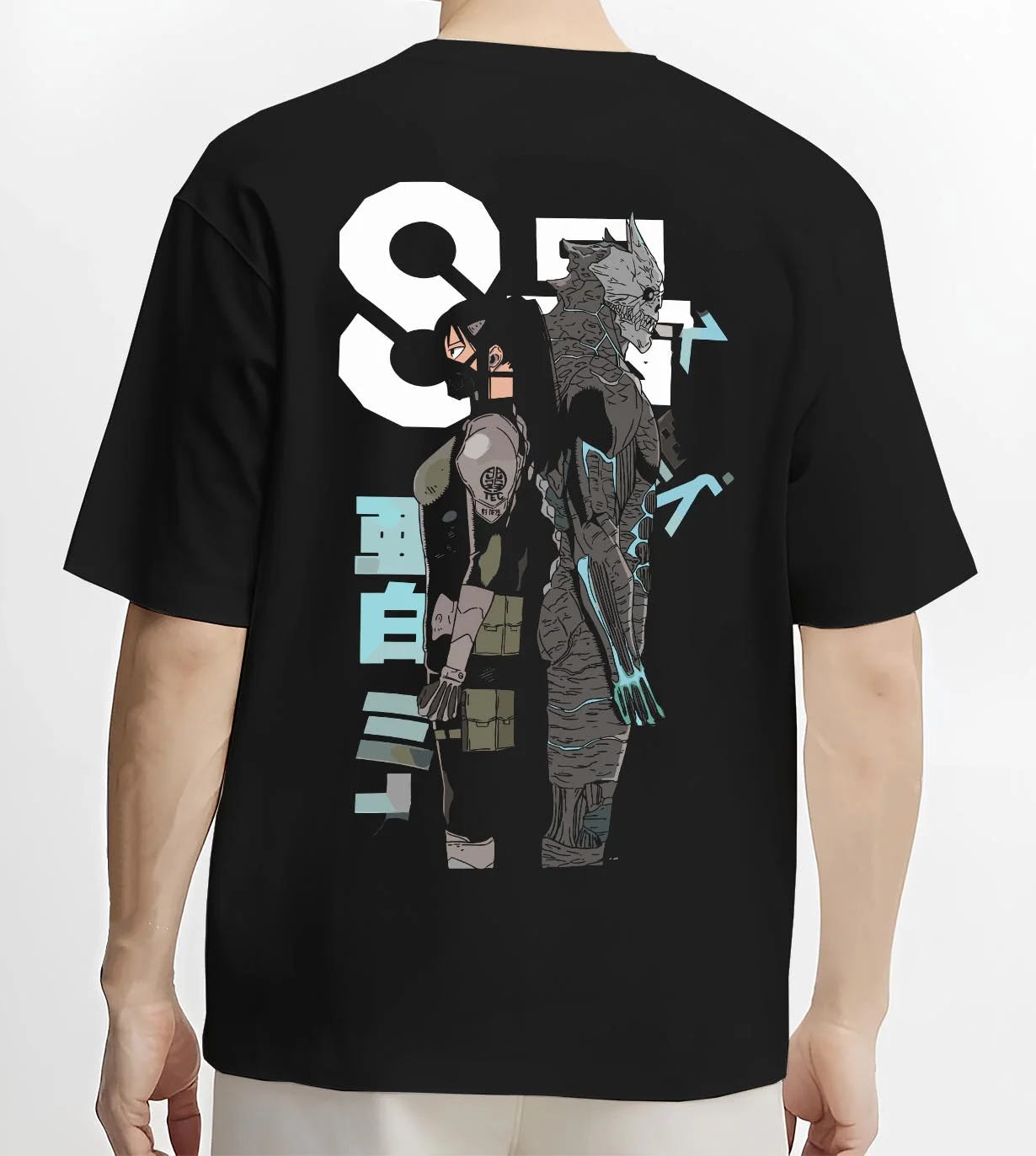 Black T-shirt worn by male model, back view with Kaiju No. 8 Hoodie Final Form Heroic Moment graphic bold anime graphic.