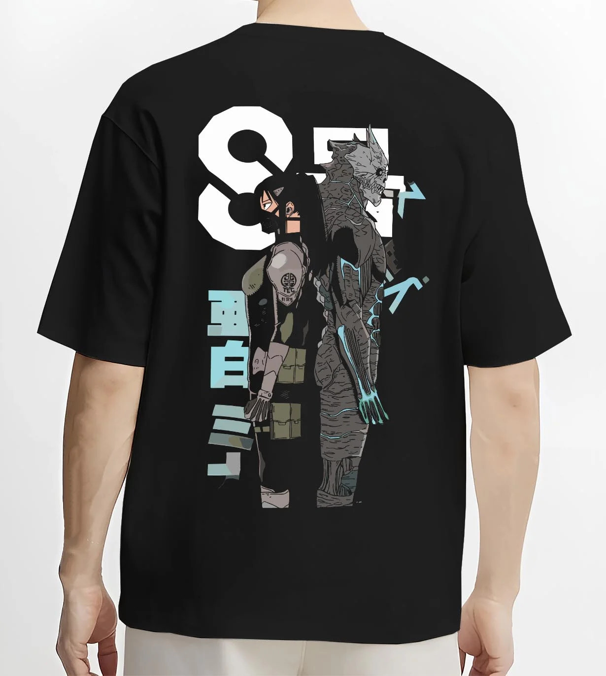 Black T-shirt worn by male model, back view with Kaiju No. 8 Hoodie Final Form Heroic Moment graphic bold anime graphic.