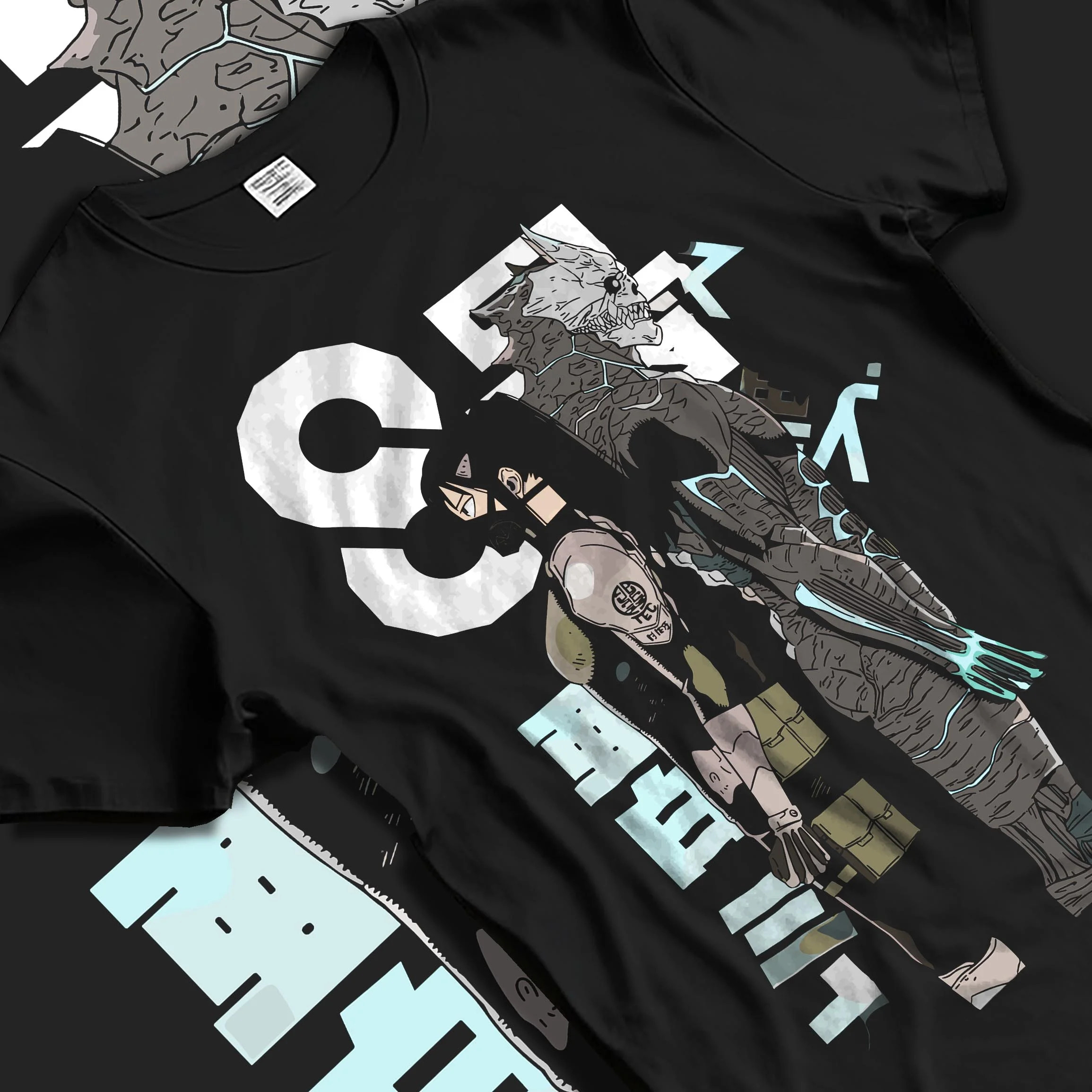 Black T-shirt laid flat with natural folds with Kaiju No. 8 Hoodie Final Form Heroic Moment graphic bold anime graphic.