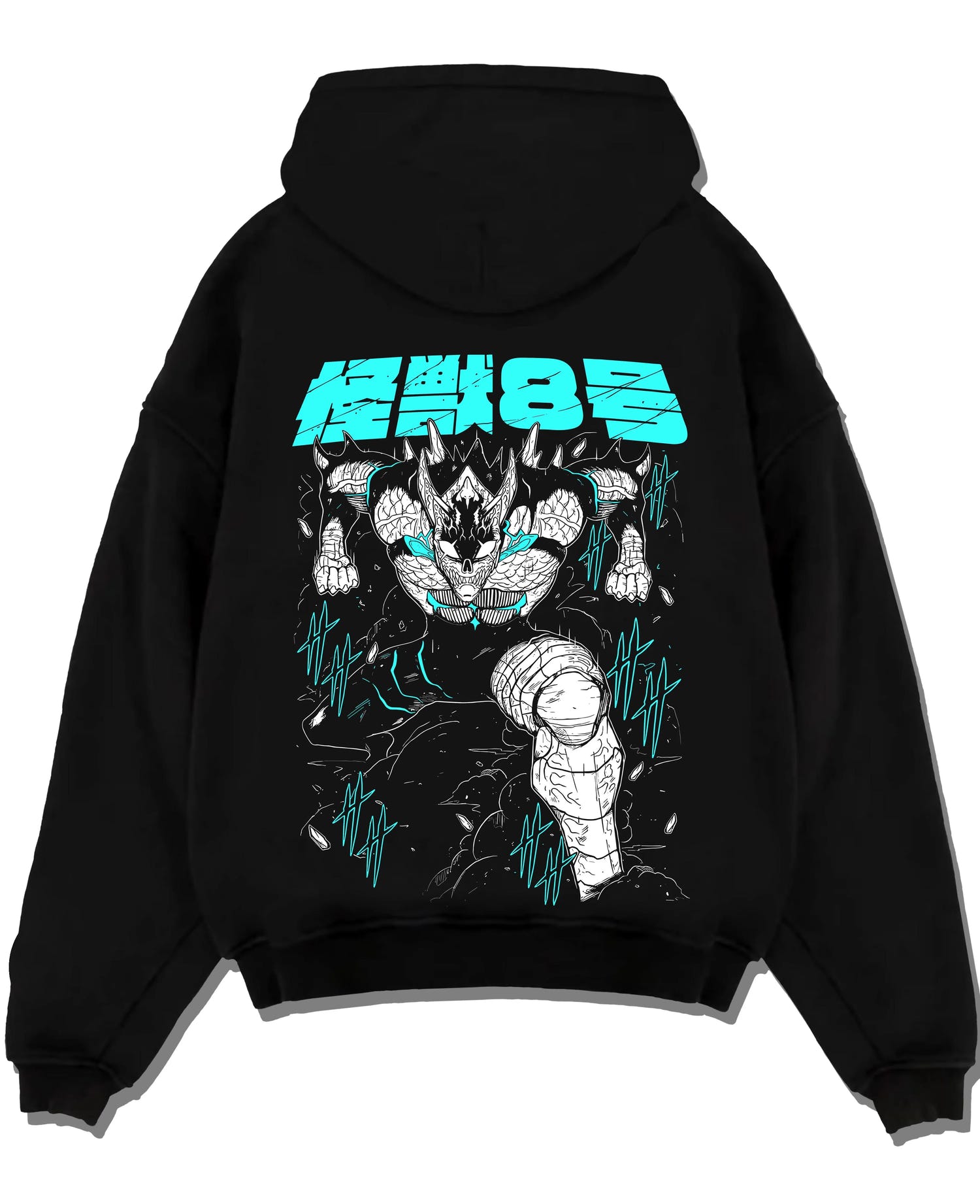 Black pullover hoodie laid flat with Kaiju No. 8 Hoodie Monstrous Power Surge Pose graphic bold anime graphic.