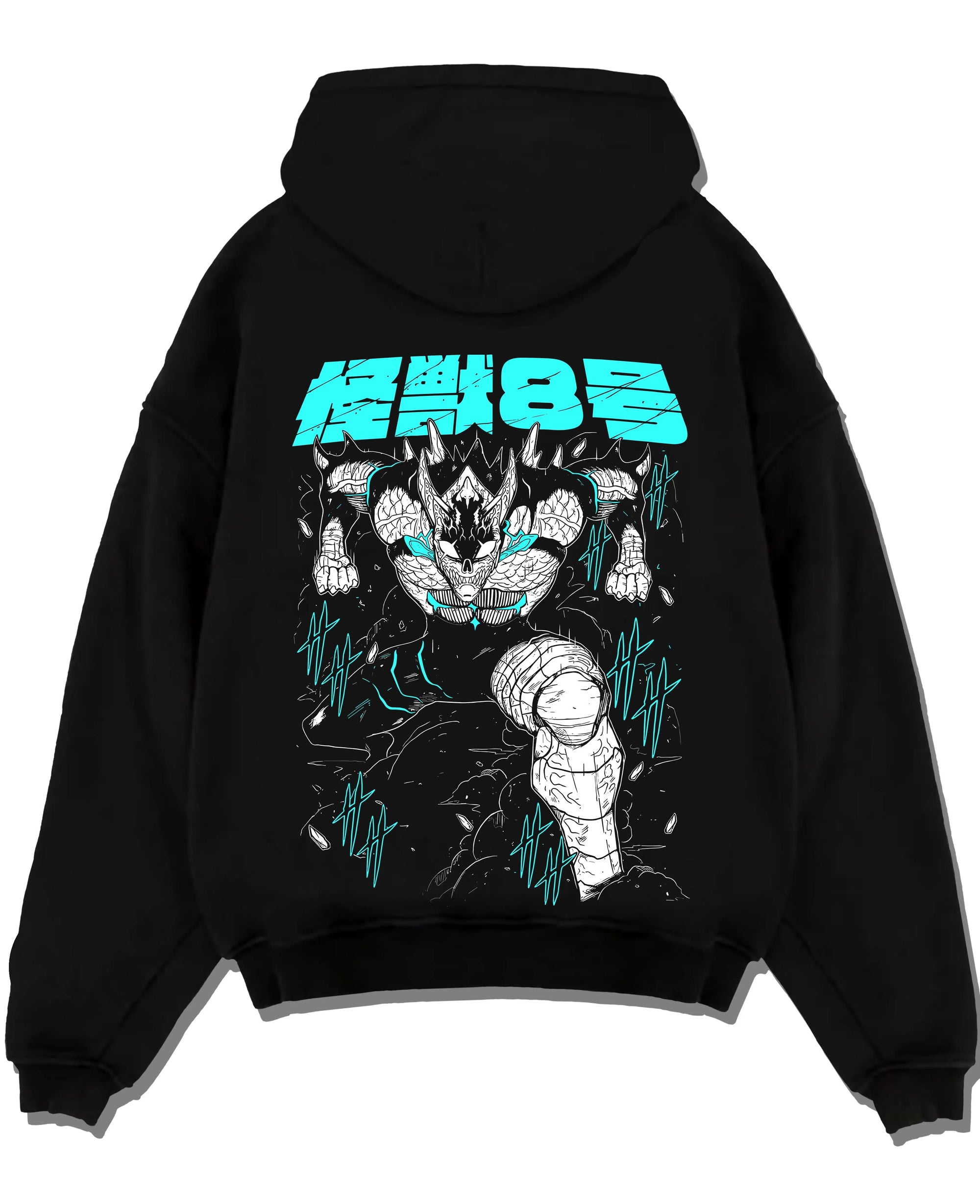 Black pullover hoodie laid flat with Kaiju No. 8 Hoodie Monstrous Power Surge Pose graphic bold anime graphic.