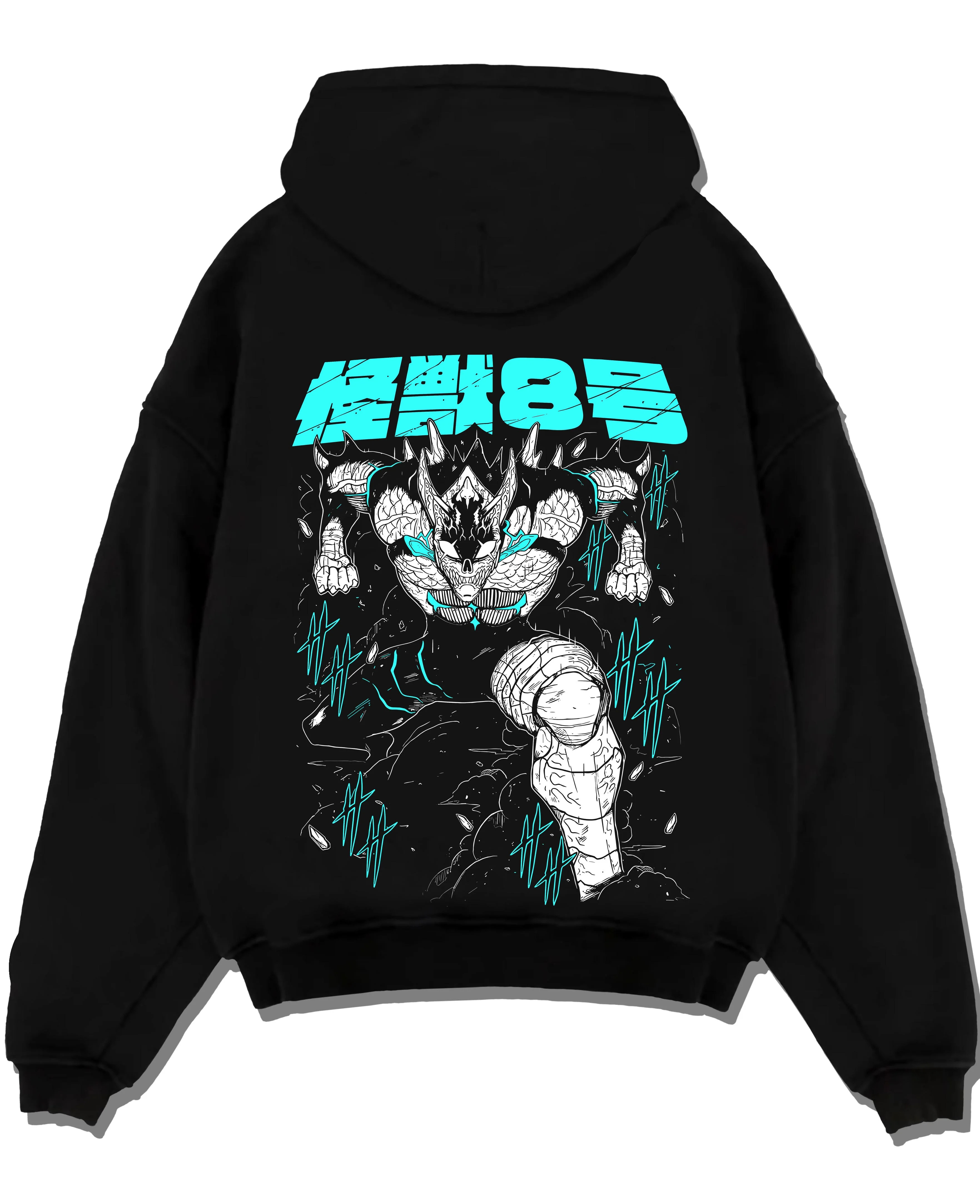 Black pullover hoodie laid flat with Kaiju No. 8 Hoodie Monstrous Power Surge Pose graphic bold anime graphic.