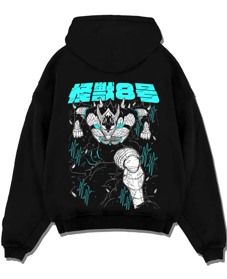 Black pullover hoodie laid flat with Kaiju No. 8 Hoodie Monstrous Power Surge Pose graphic bold anime graphic.