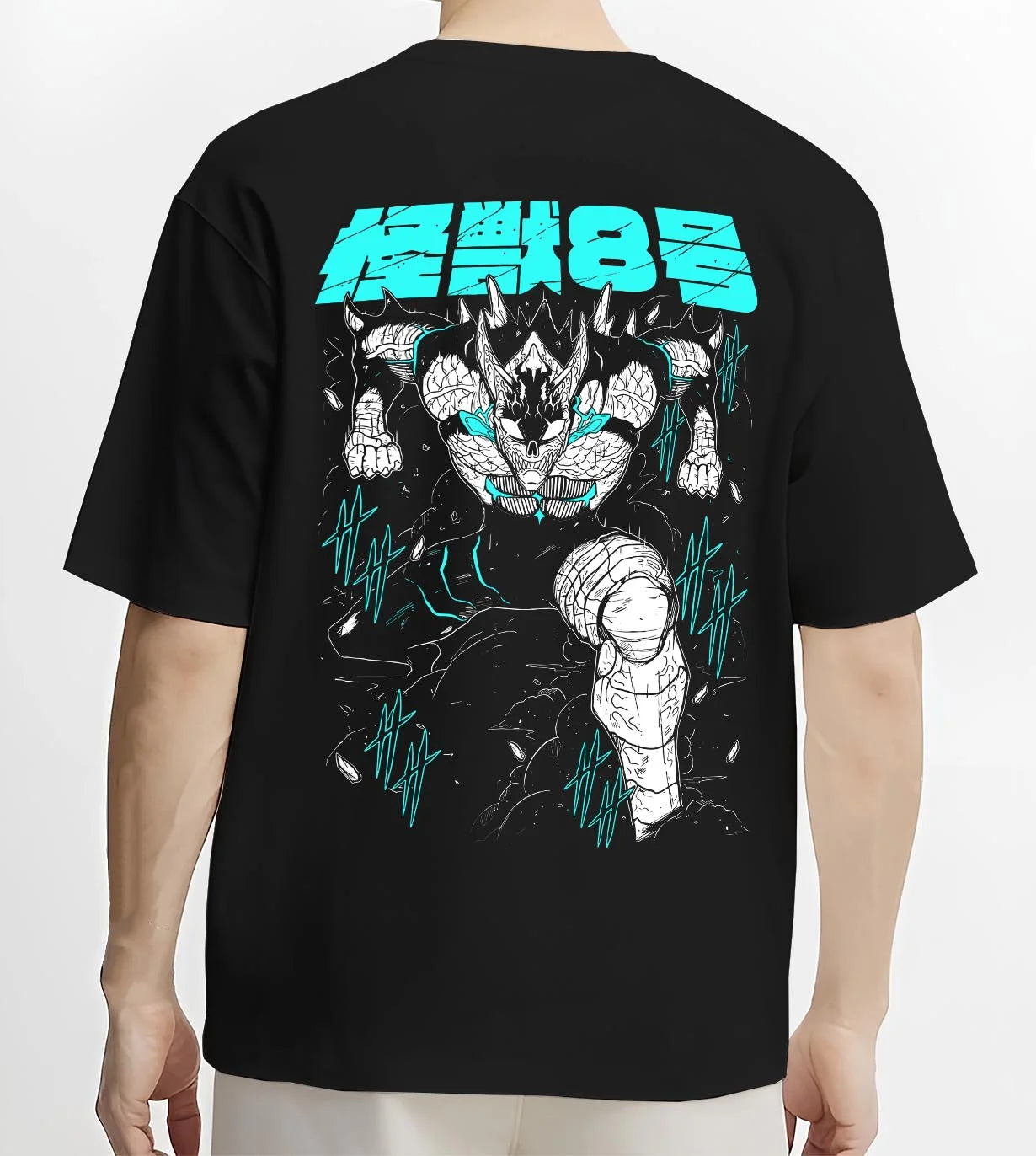 Black T-shirt worn by male model, back view with Kaiju No. 8 Hoodie Monstrous Power Surge Pose graphic premium wear.