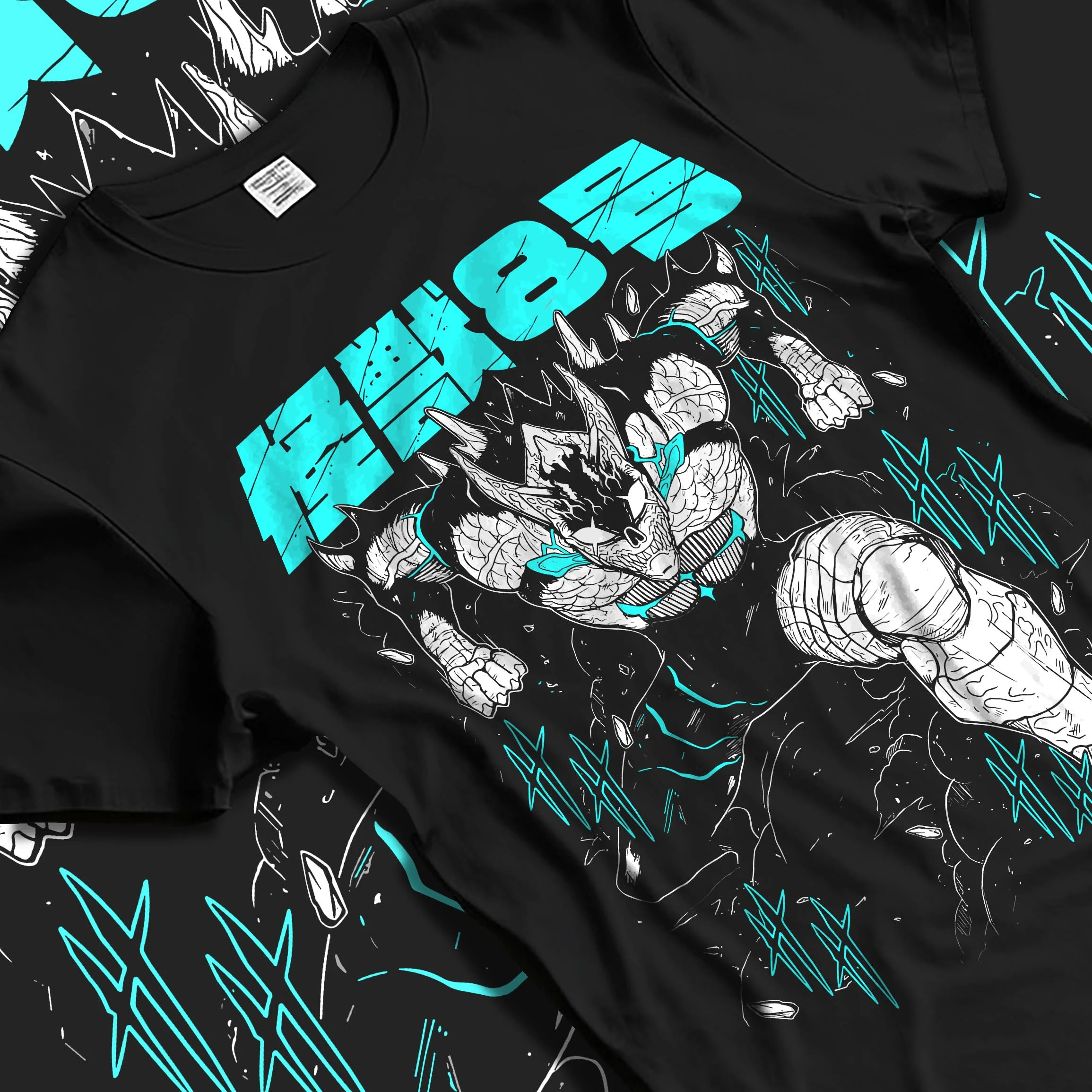 Black T-shirt laid flat with natural folds with Kaiju No. 8 Hoodie Monstrous Power Surge Pose graphic premium wear.