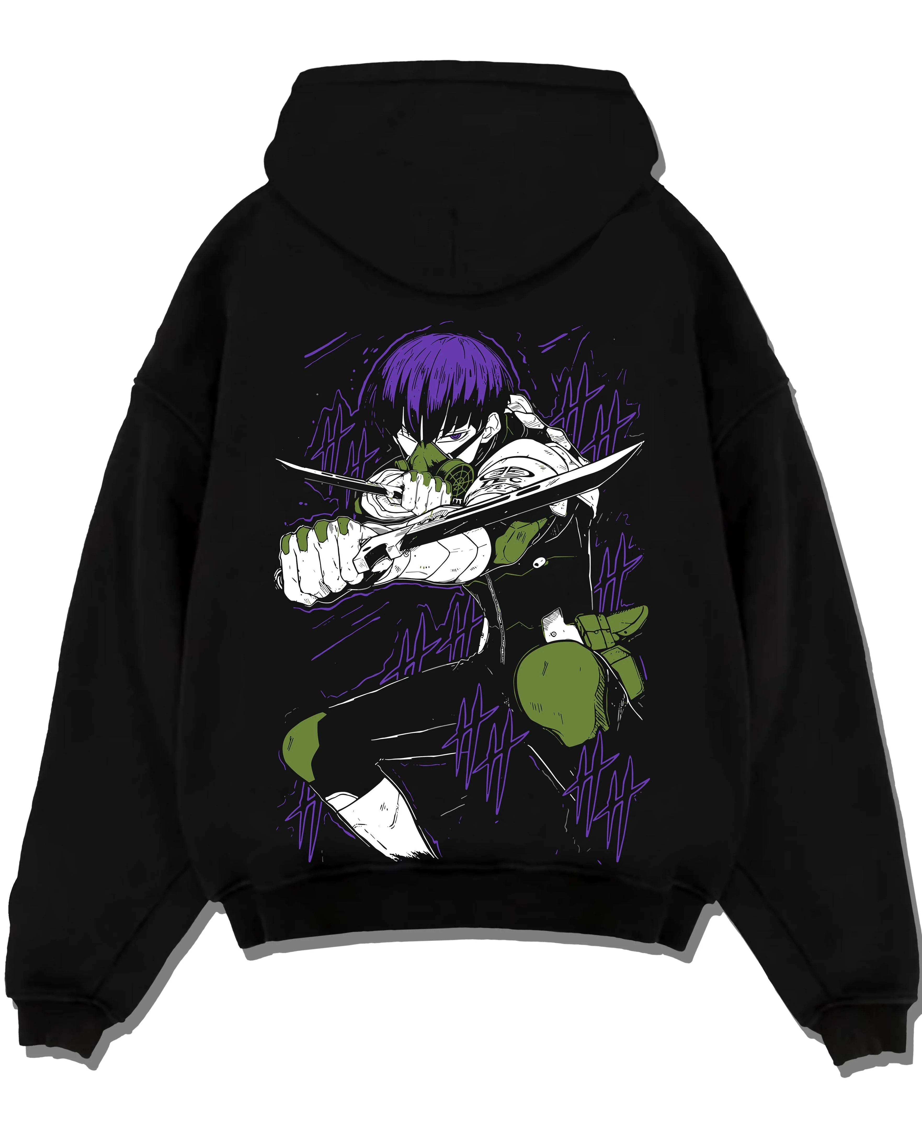 Black pullover hoodie laid flat with Kaiju No. 8 Hoodie Battle Stance Transformation graphic streetwear graphic.