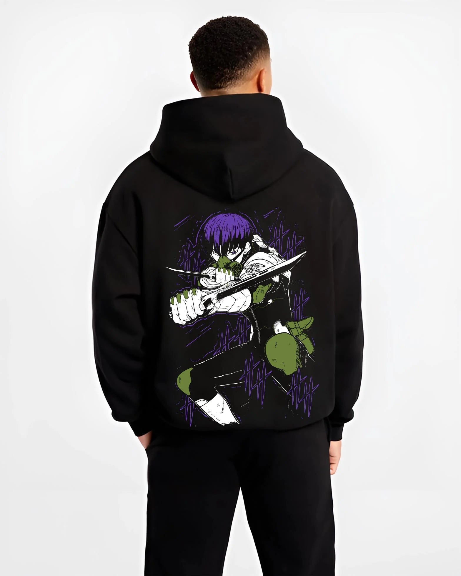 Black hoodie worn by male model, back view with Kaiju No. 8 Hoodie Battle Stance Transformation graphic premium wear.