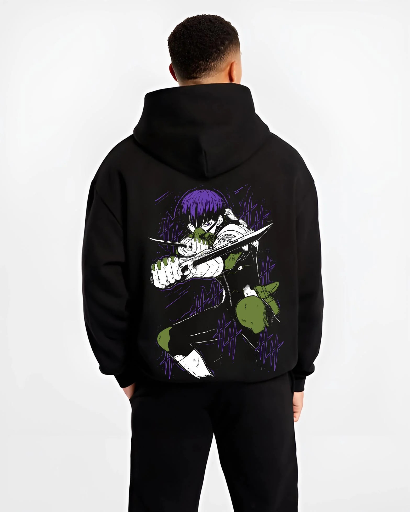 Black hoodie worn by male model, back view with Kaiju No. 8 Hoodie Battle Stance Transformation graphic premium wear.