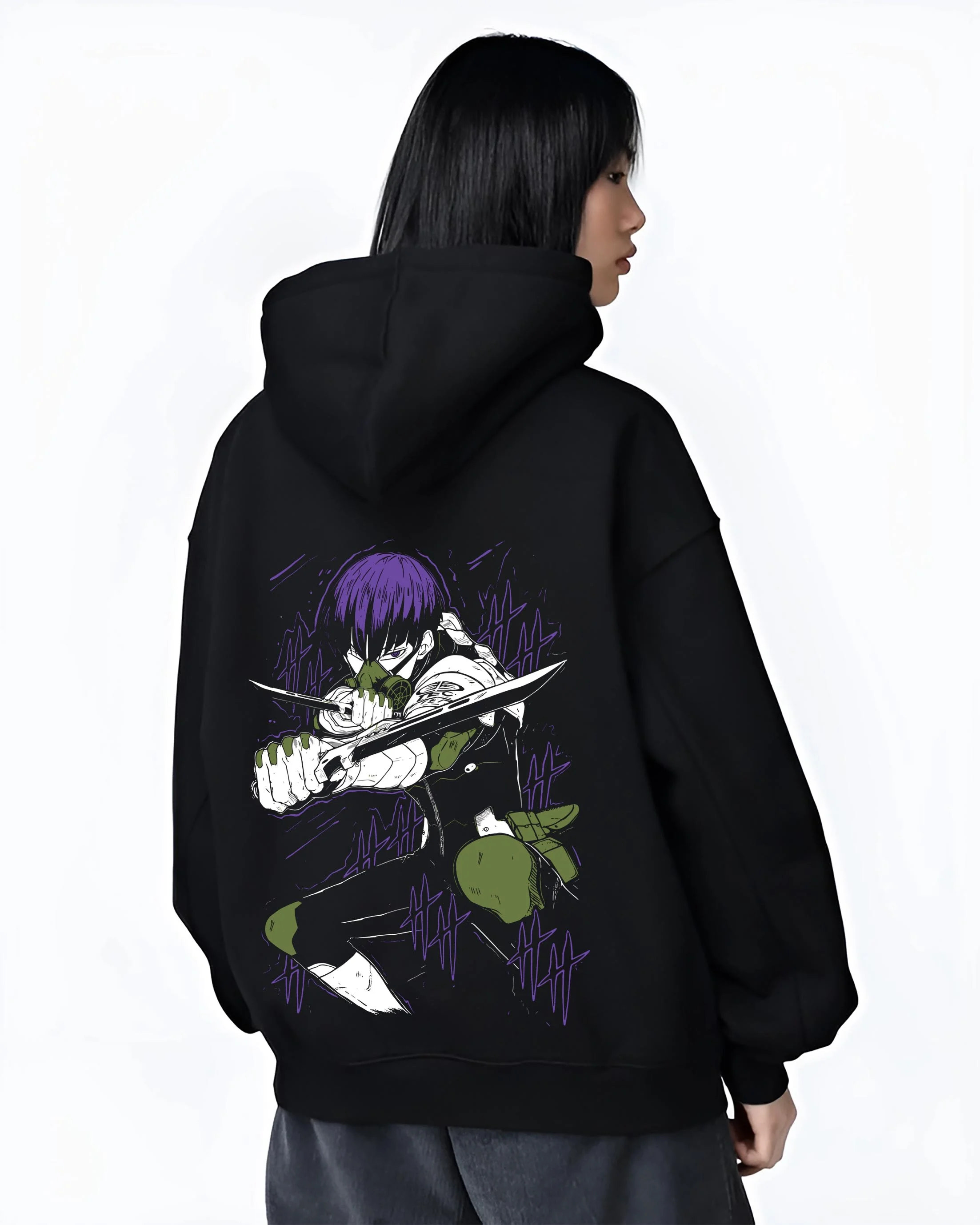 Black hoodie worn by female model, back view with Kaiju No. 8 Hoodie Battle Stance Transformation graphic bold anime graphic.