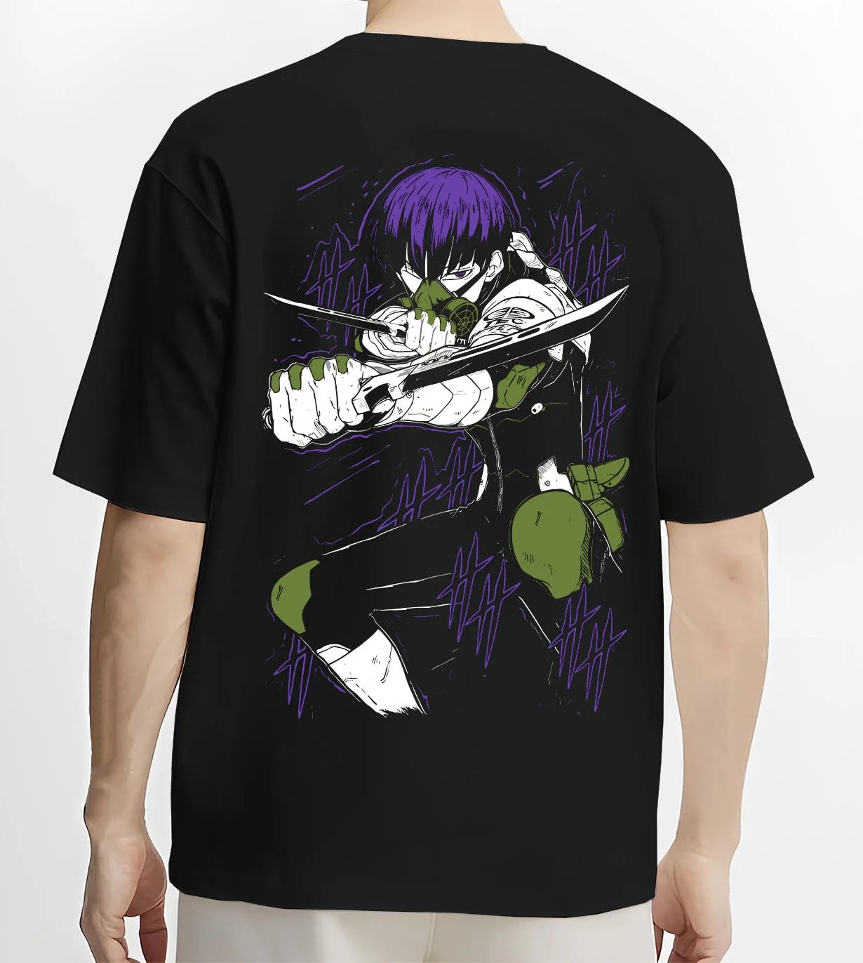 Black T-shirt worn by male model, back view with Kaiju No. 8 Hoodie Battle Stance Transformation graphic streetwear graphic.